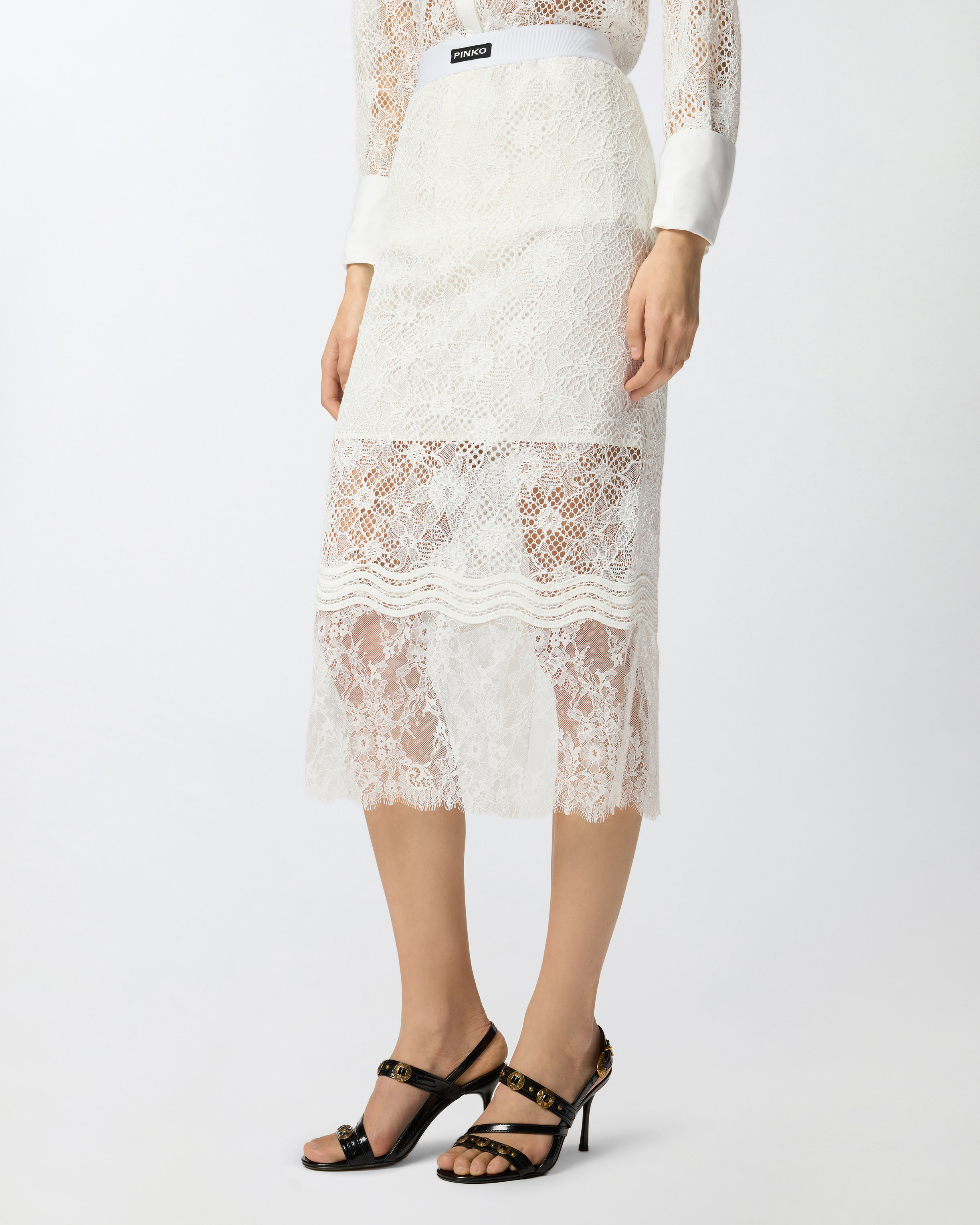 Jupe midi en dentelle avec petites fentes PINKO Blanc