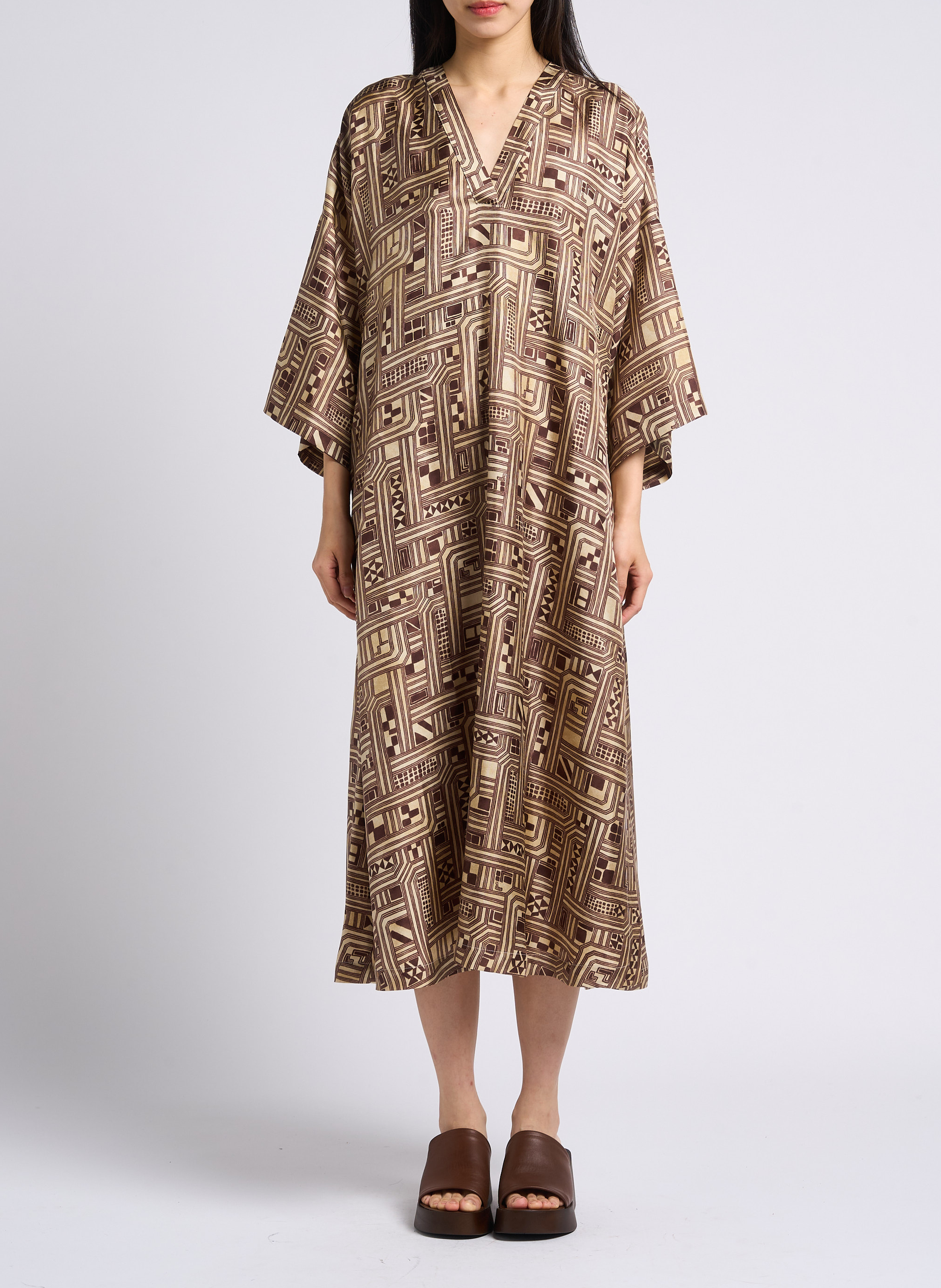 Printed silk V-neck midi dress MOMONI Beige