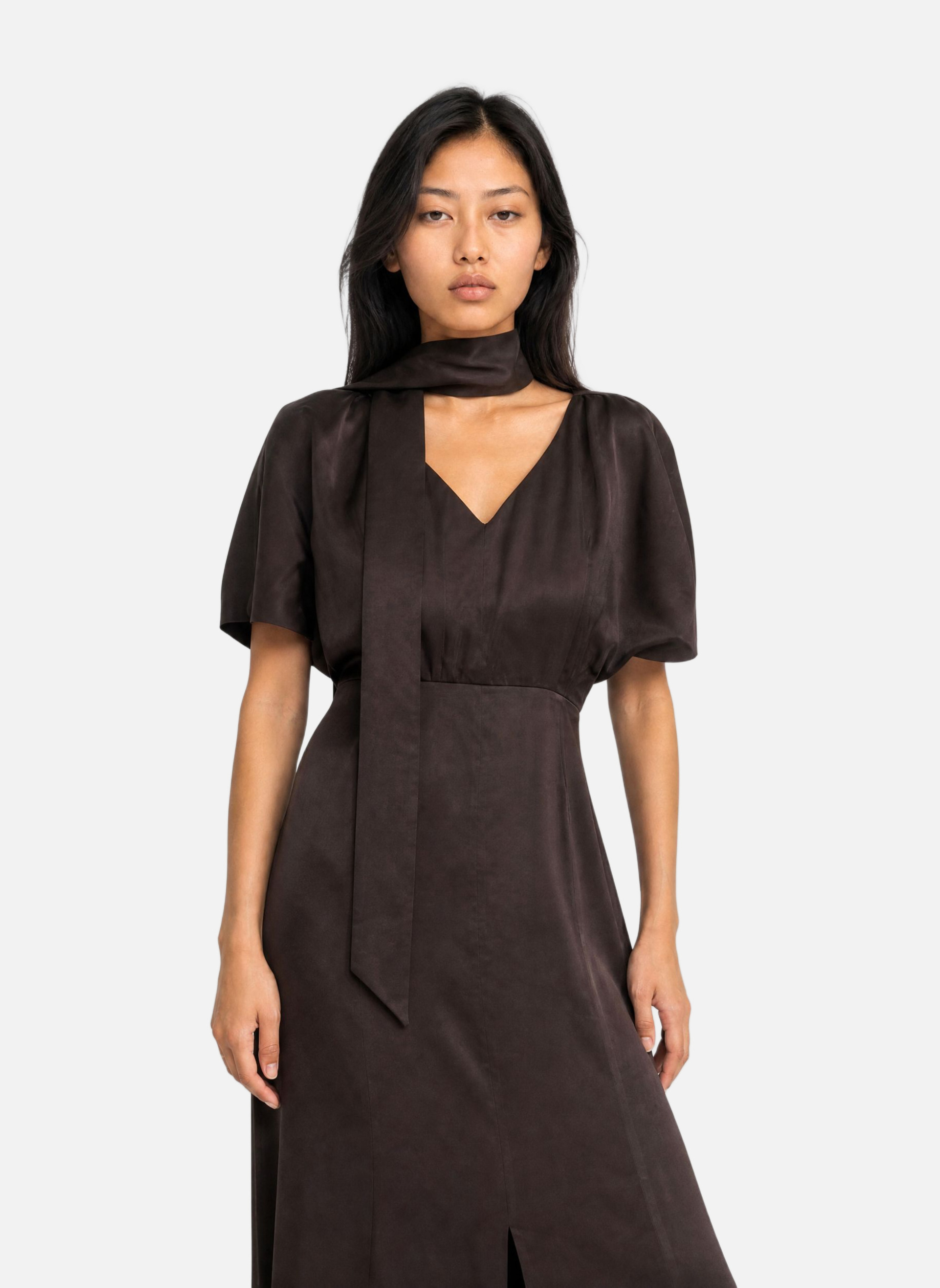 Long satin brown dress with lavallière collar THE KOOPLES Brown