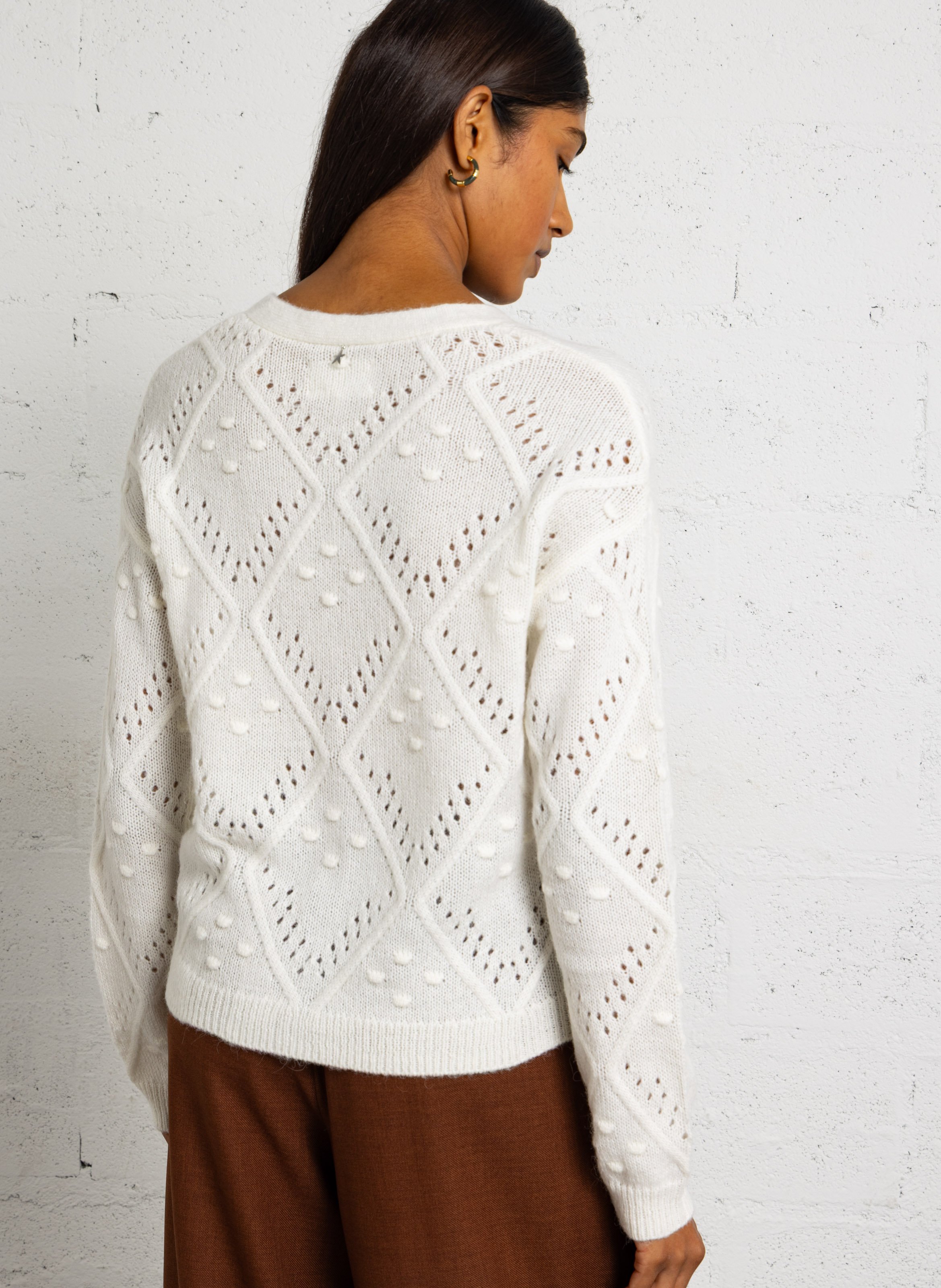 Gilet en maille dentellée à manches longues SUD EXPRESS Blanc