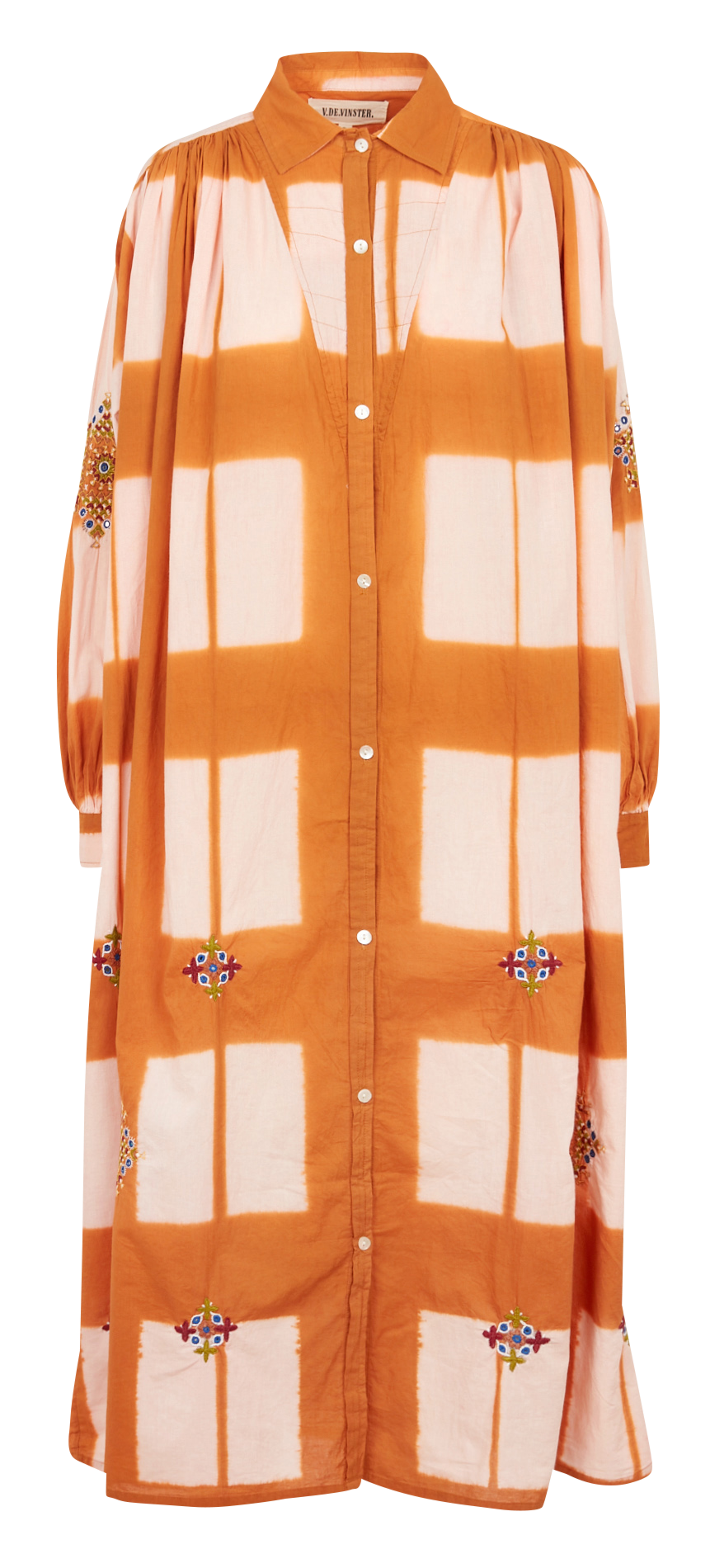 Robe midi col classique imprimée et brodée en coton  V DE VINSTER Orange