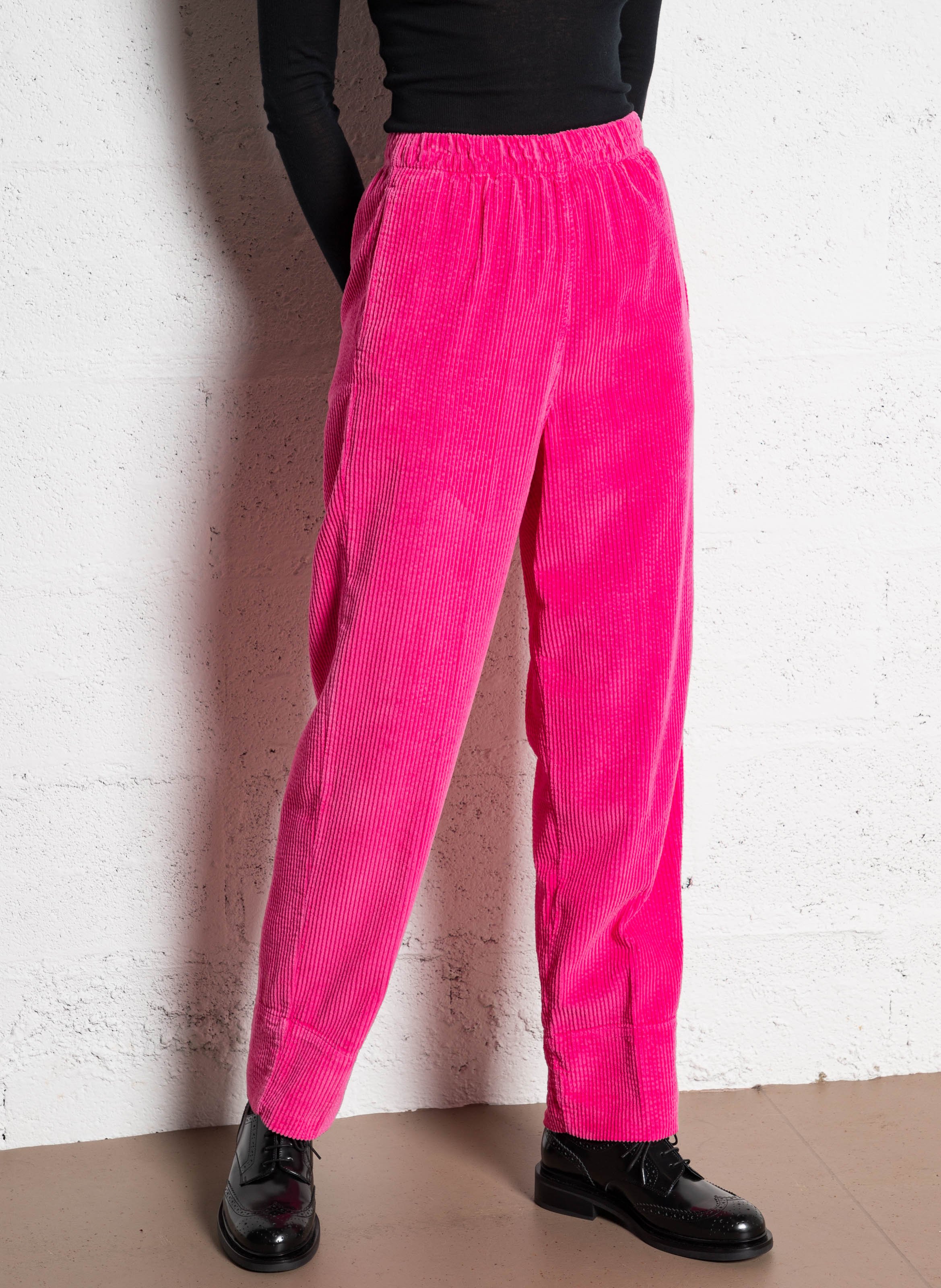 Pantalon large taille haute en velours cotele Rose