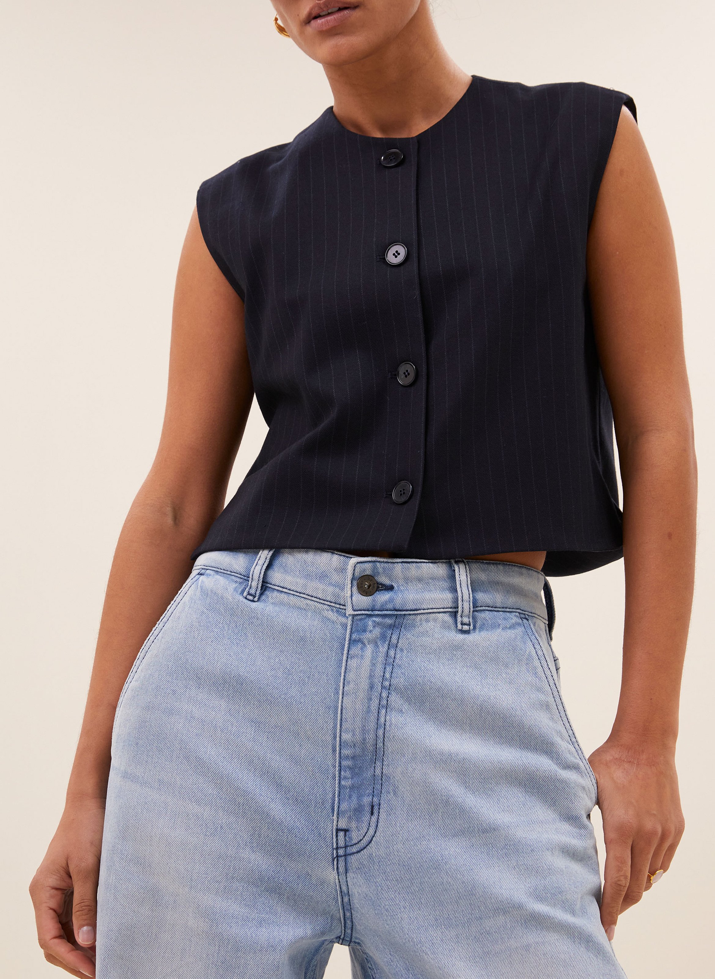 Korte getailleerde gestreepte vest met knopen BY BAR Blauw