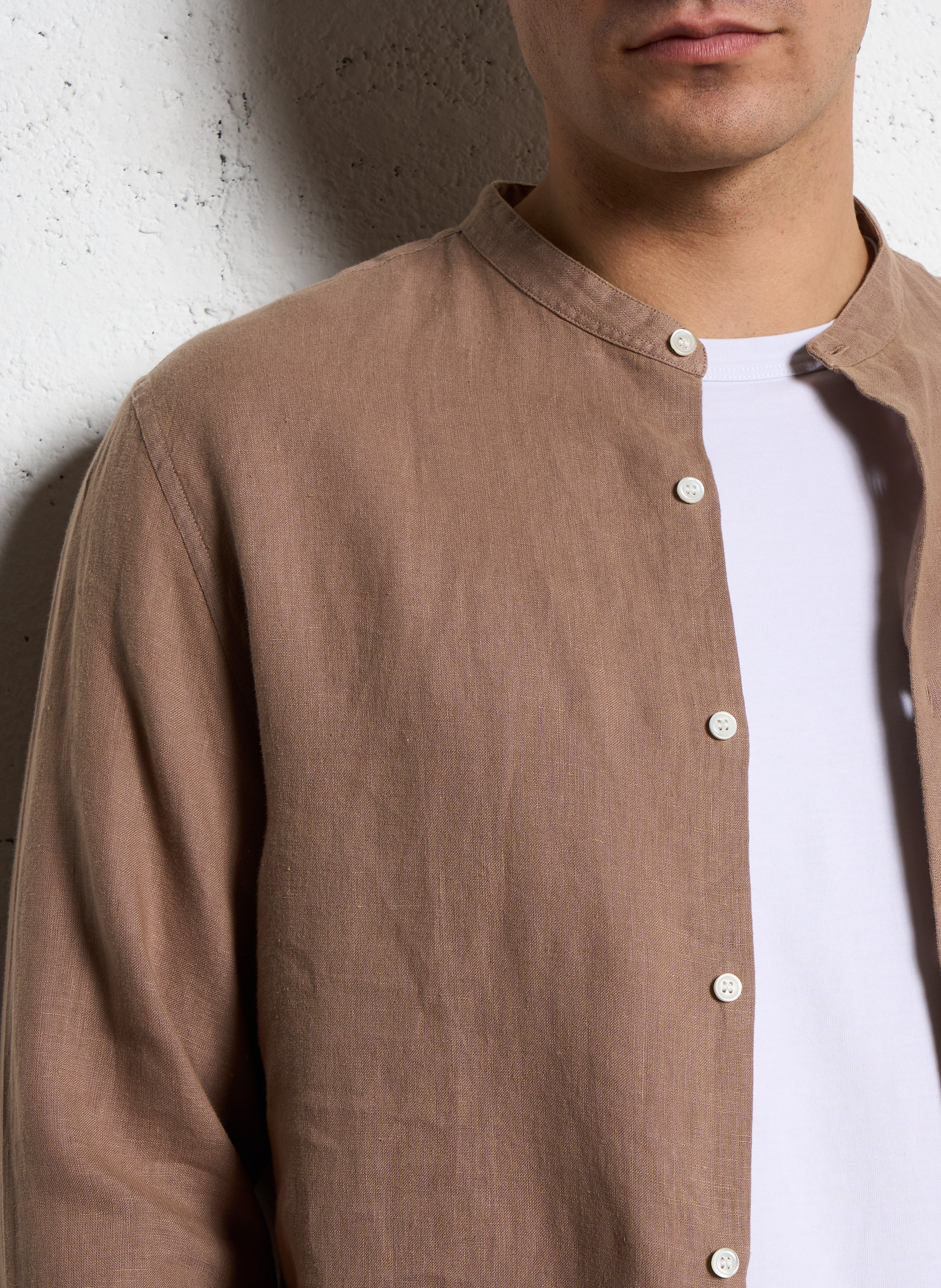 Chemise droite col rond en lin IKKS Marron