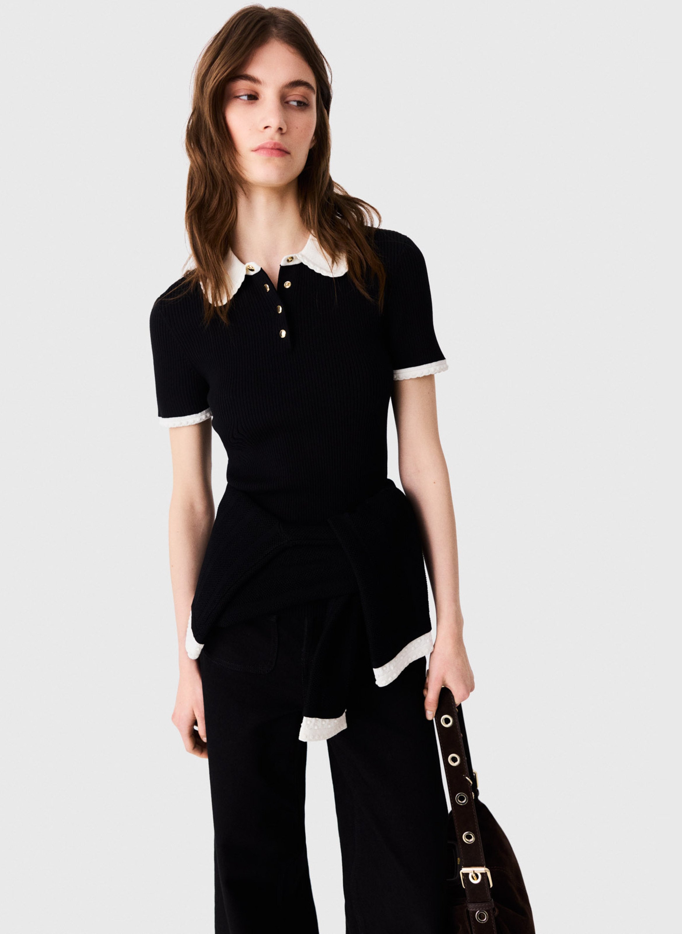 Pull ajusté côtelé effet polo MAJE Noir