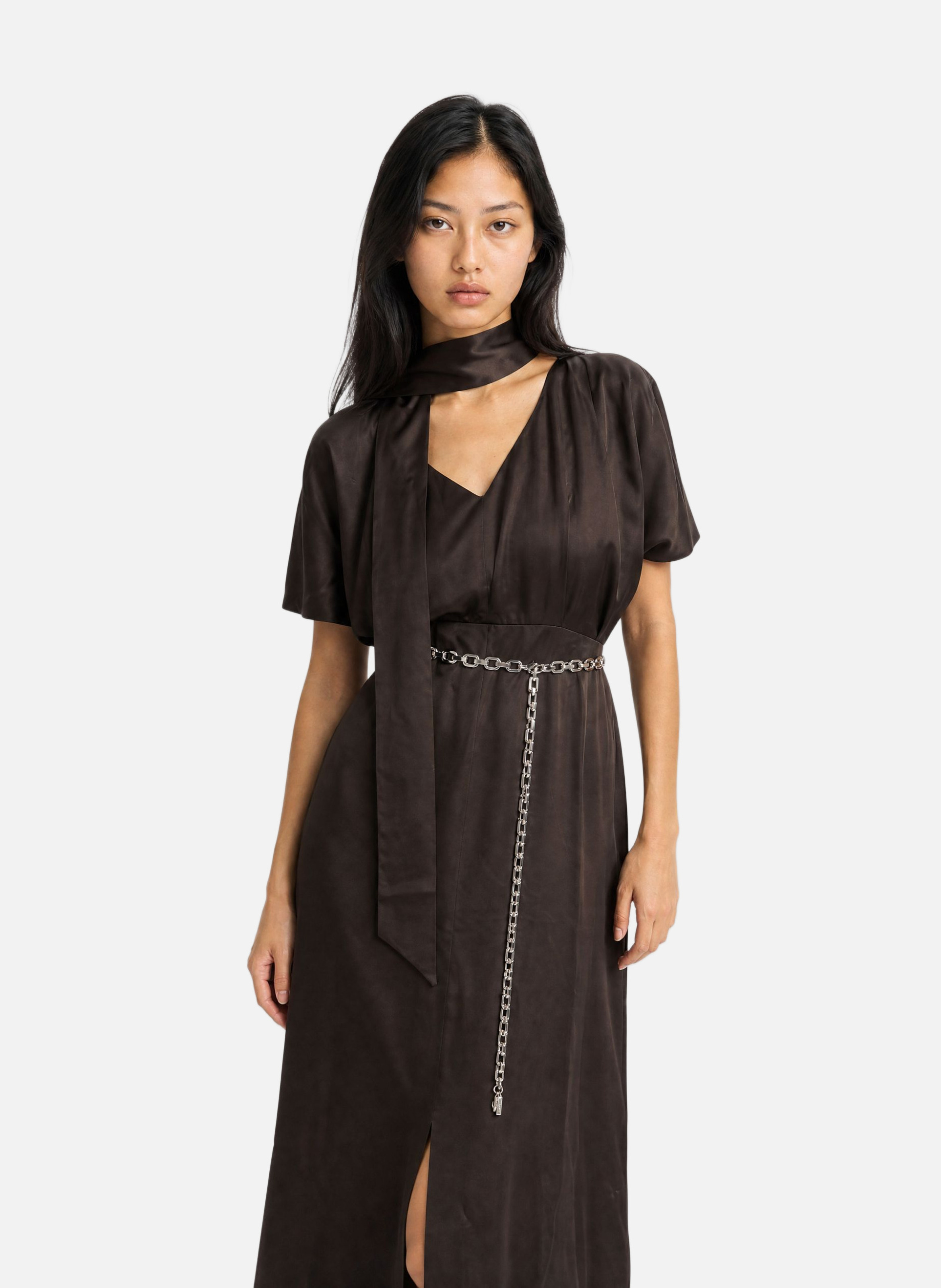 Long satin brown dress with lavallière collar THE KOOPLES Brown