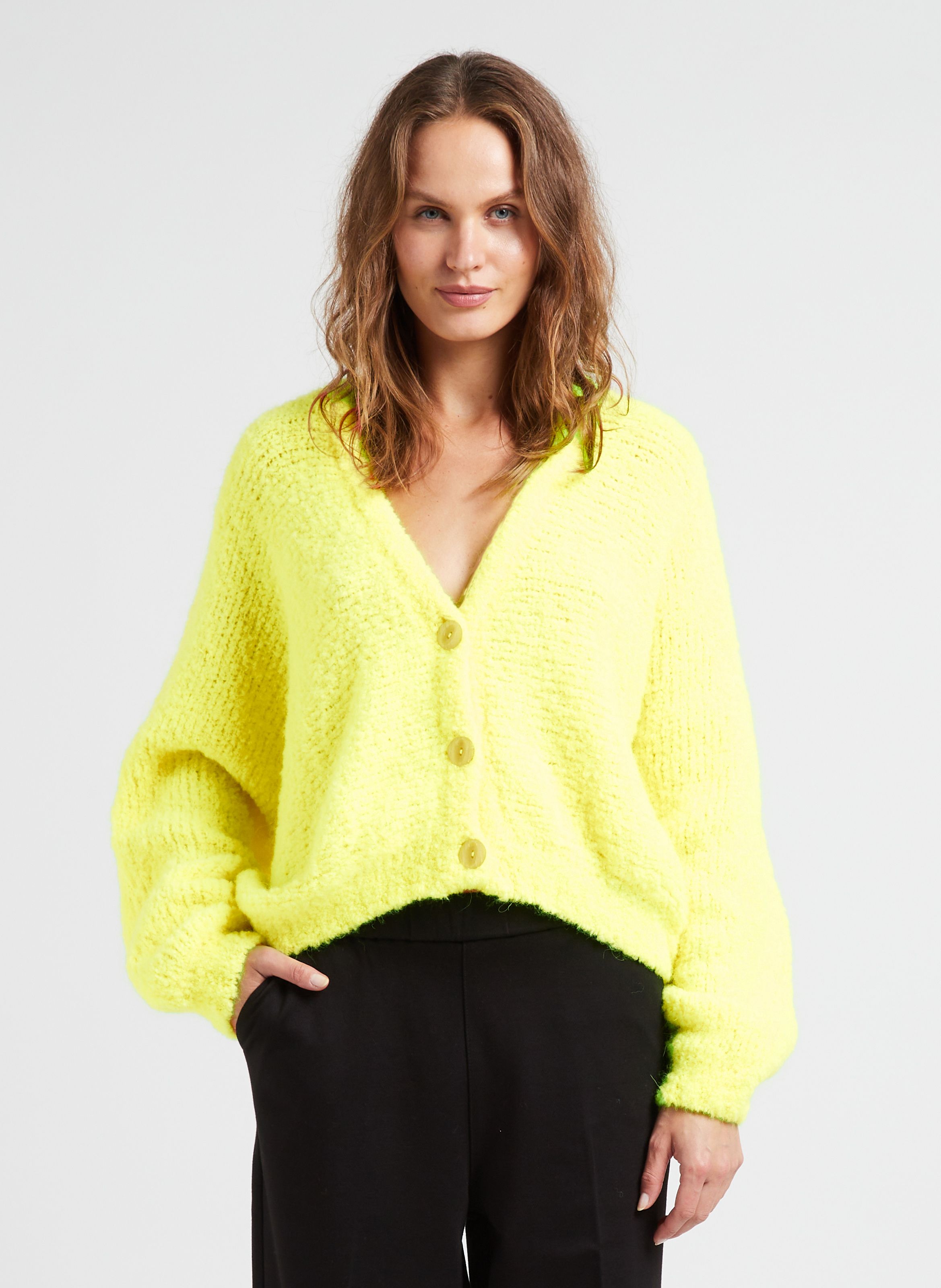 Cardigan col V en laine m lang e Jaune