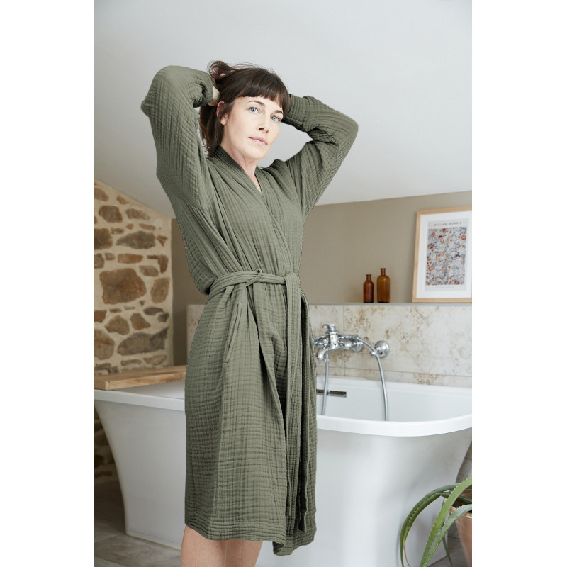 Peignoir kimono mixte gaze de coton unie gaïa L'EFFET PAPILLON Vert