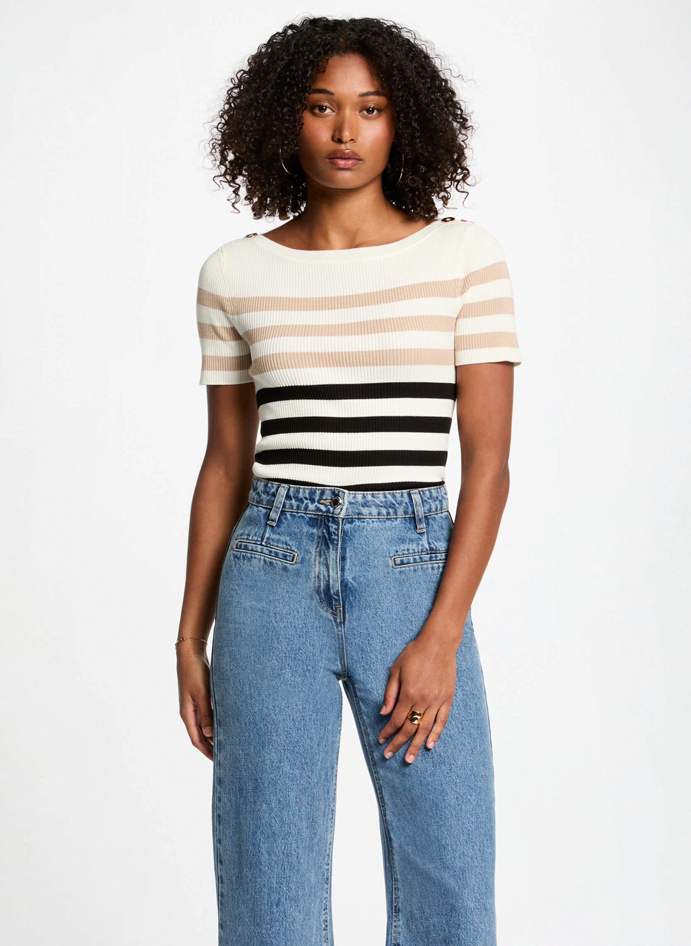 Gestreepte top met boothals MORGAN Beige