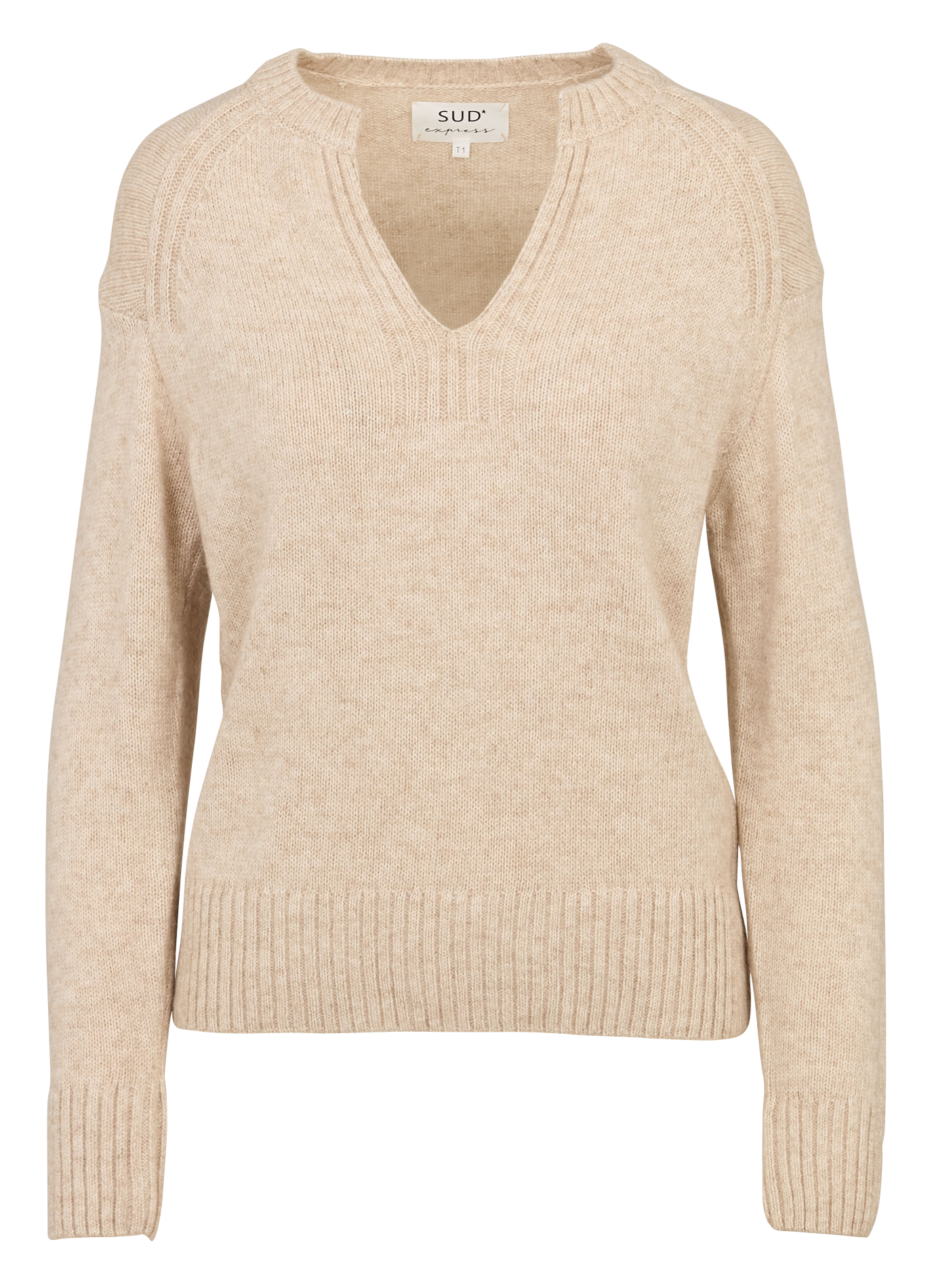 Pull col tunisien en coton mélangé SUD EXPRESS Beige