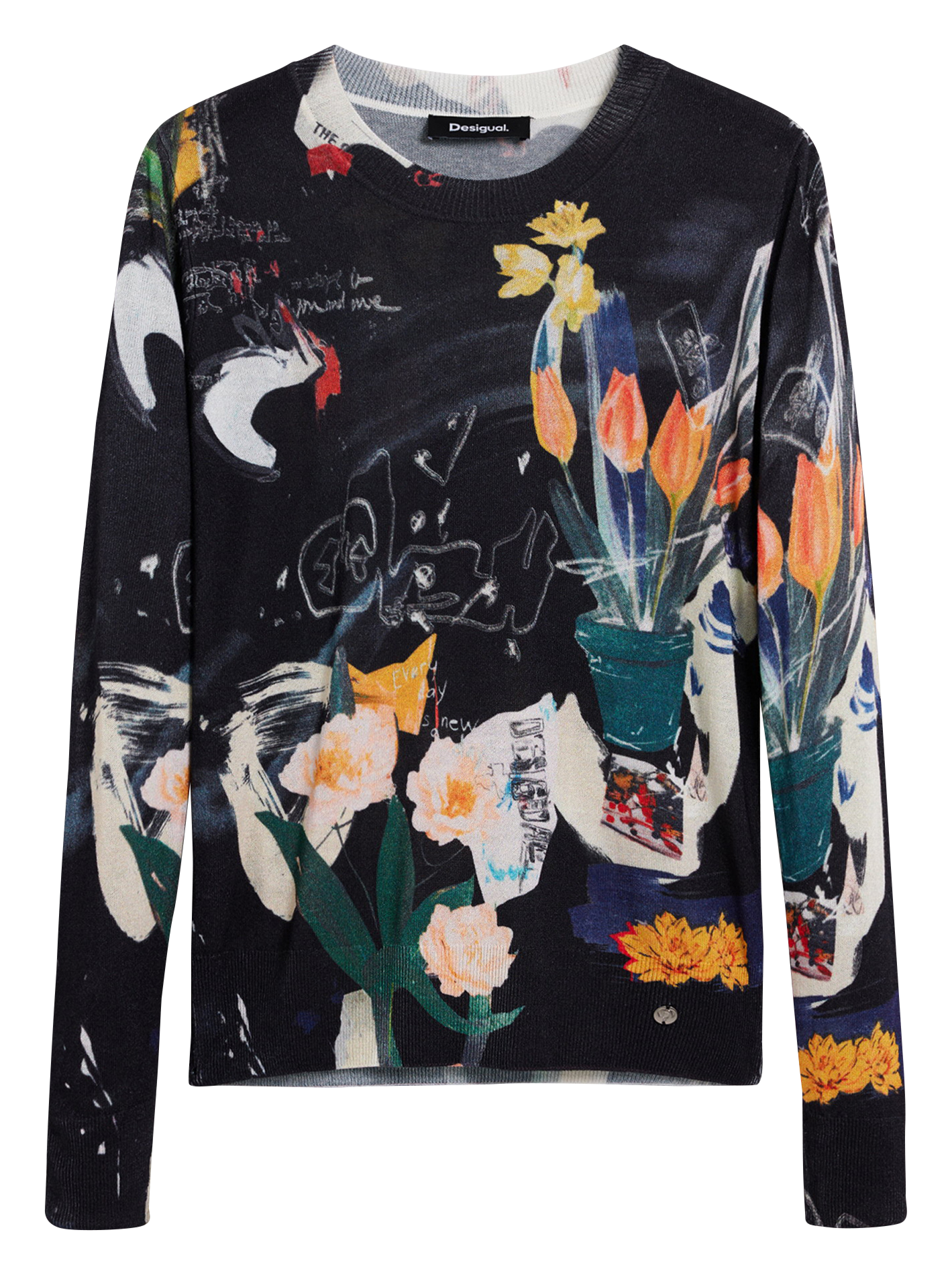 Round-neck knitted top with patterns DESIGUAL Black
