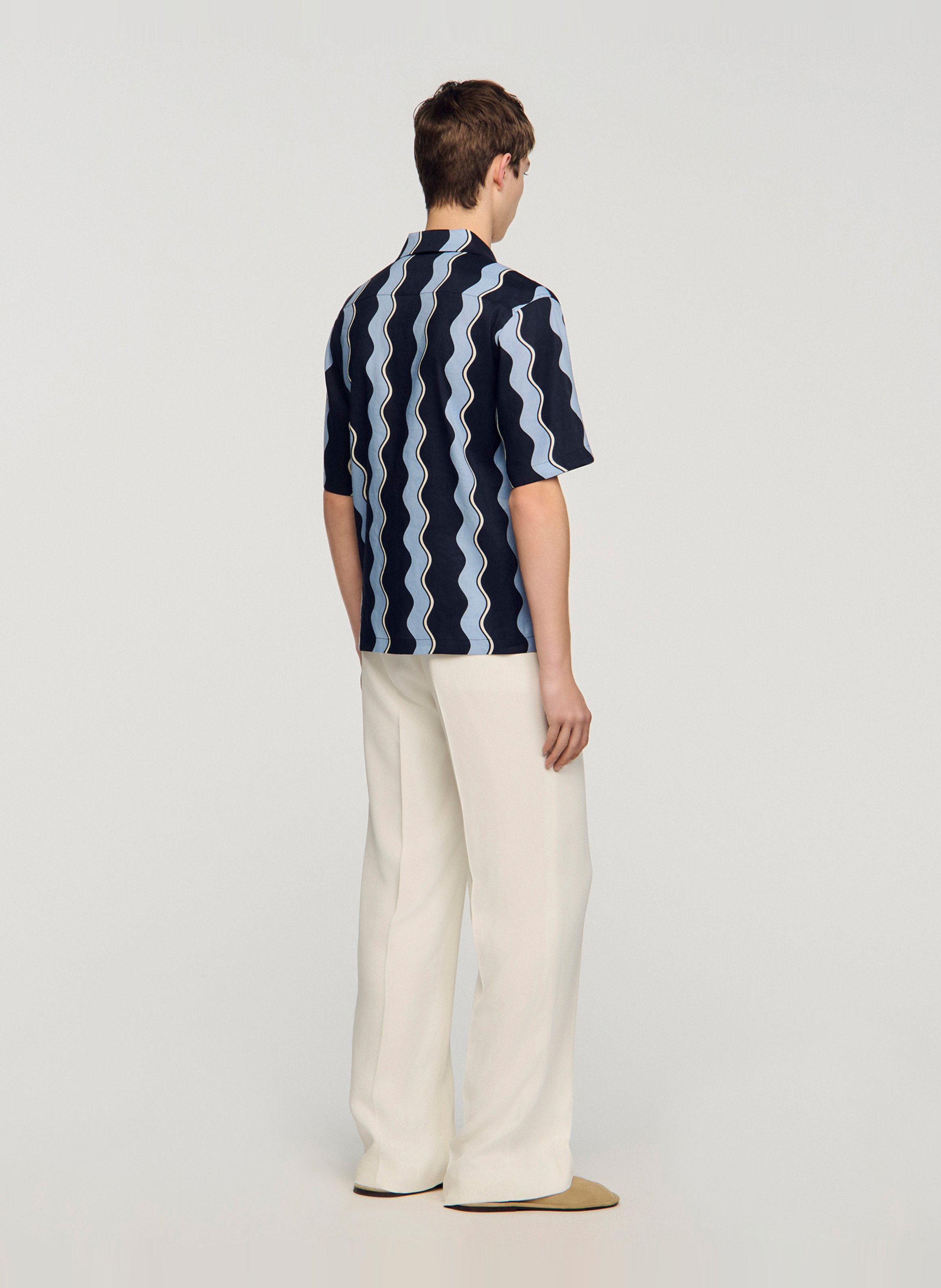 Straight classic collar shirt in printed blended linen. SANDRO Blue