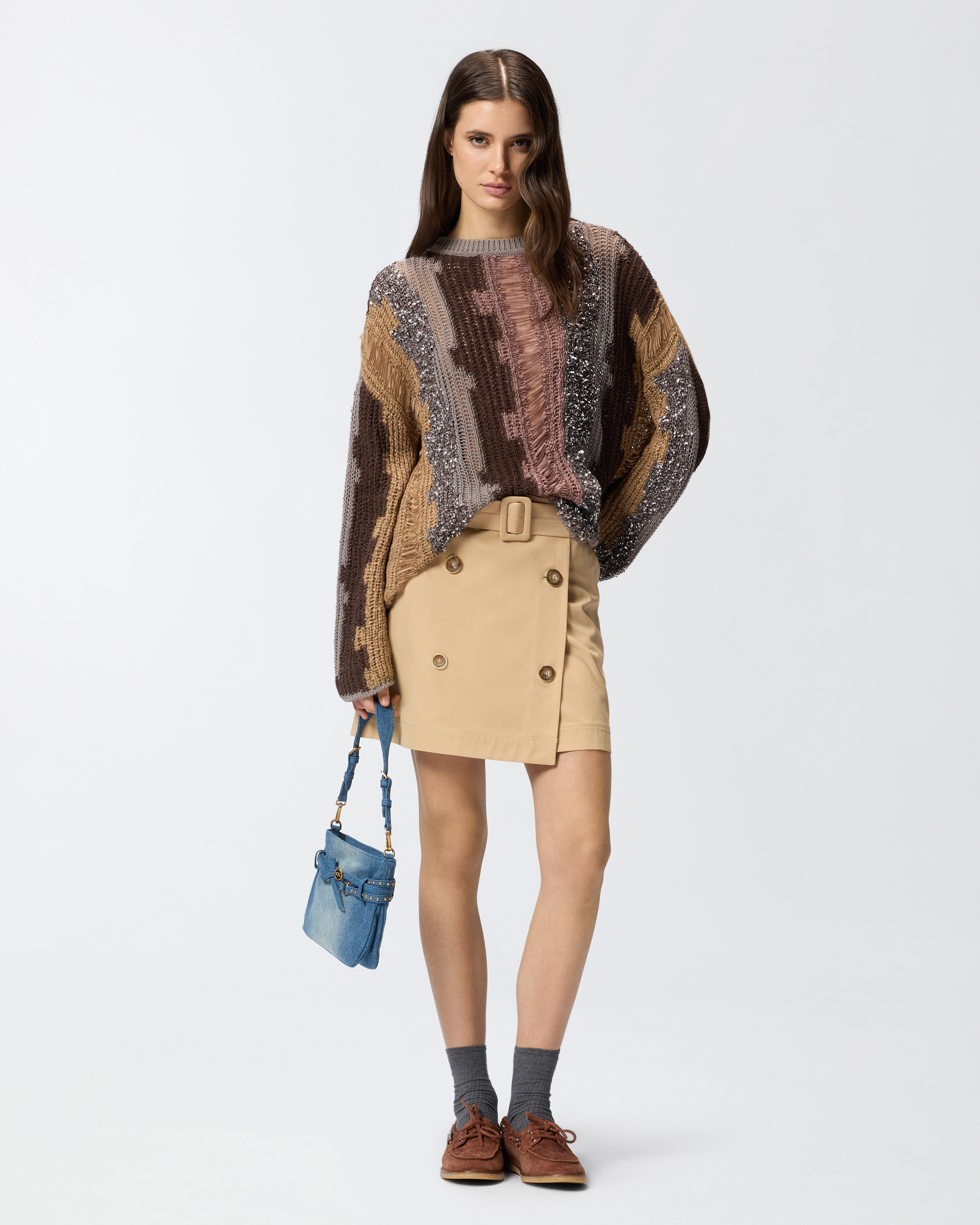 Pull à fils contrastants en intarsia PINKO Marron