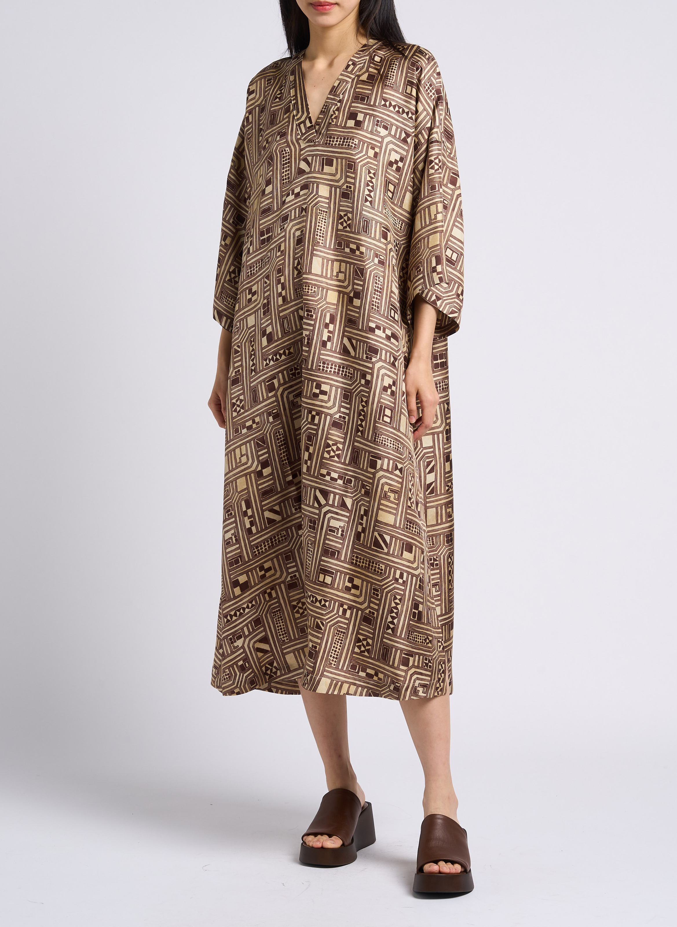 Printed silk V-neck midi dress MOMONI Beige