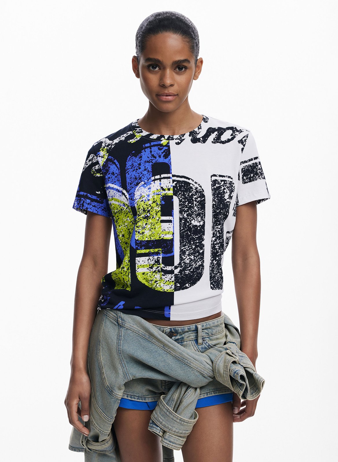 Tee-shirt col rond en coton DESIGUAL Noir