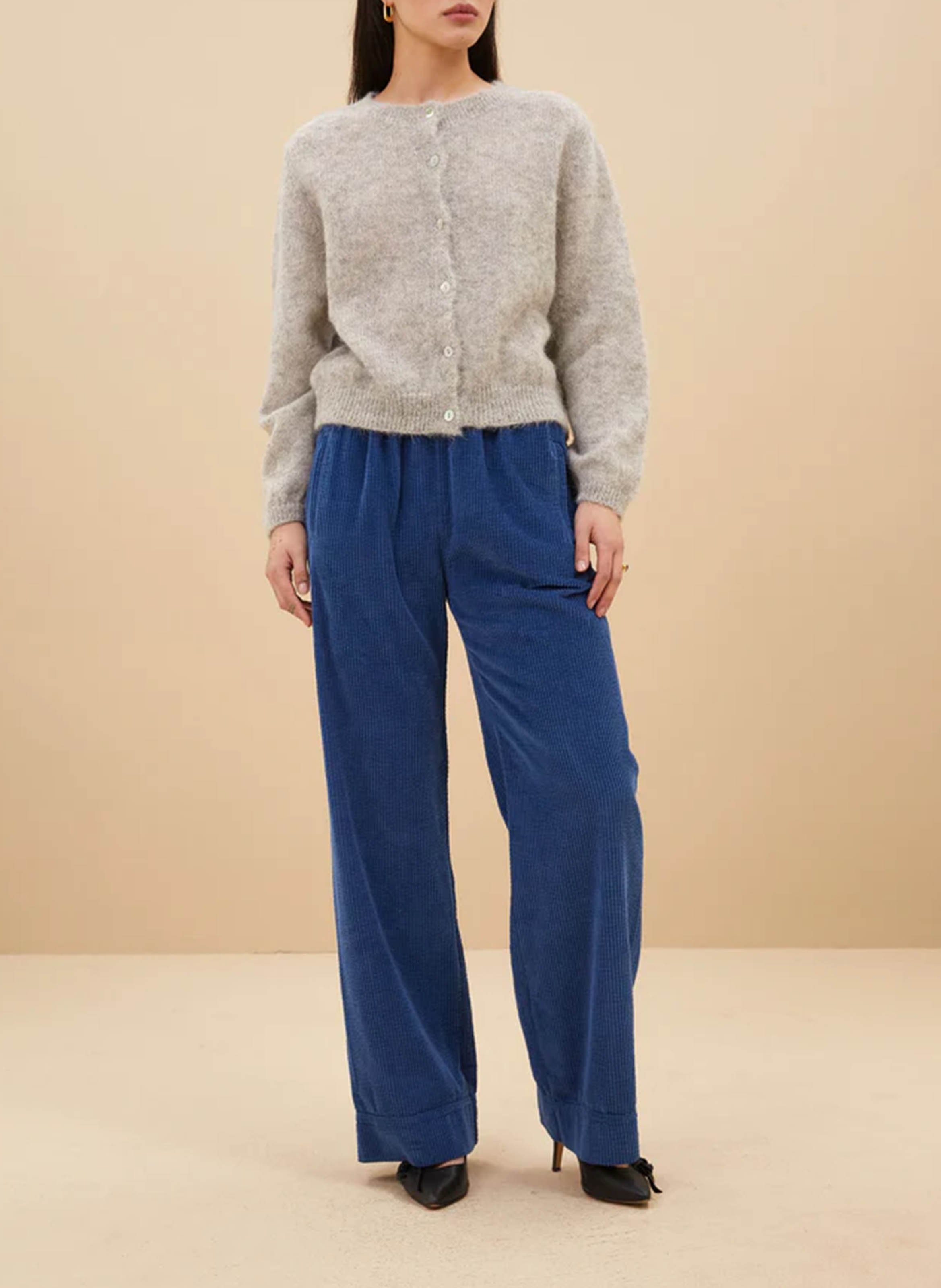 Pantalon droit velours côtelé en coton Bleu
