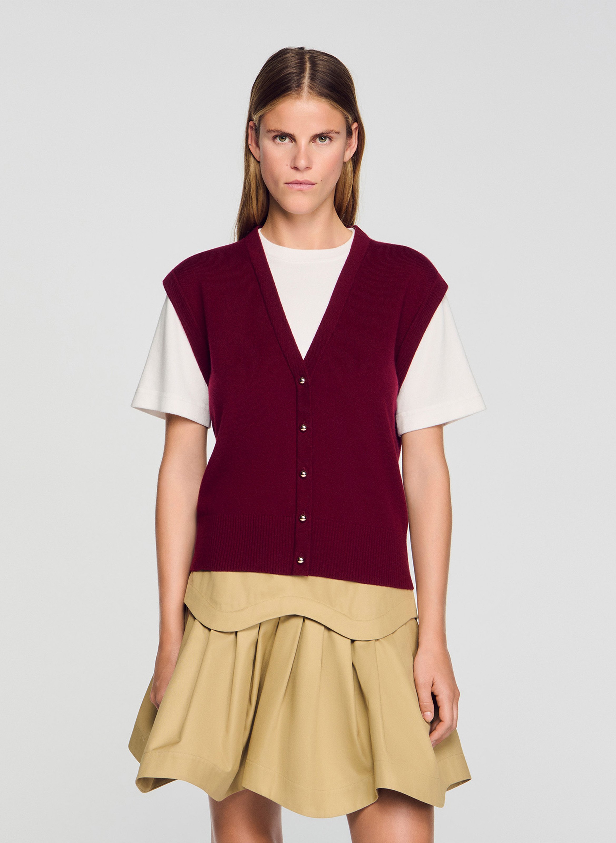 Pull bicolore court en laine mélangée SANDRO Rouge