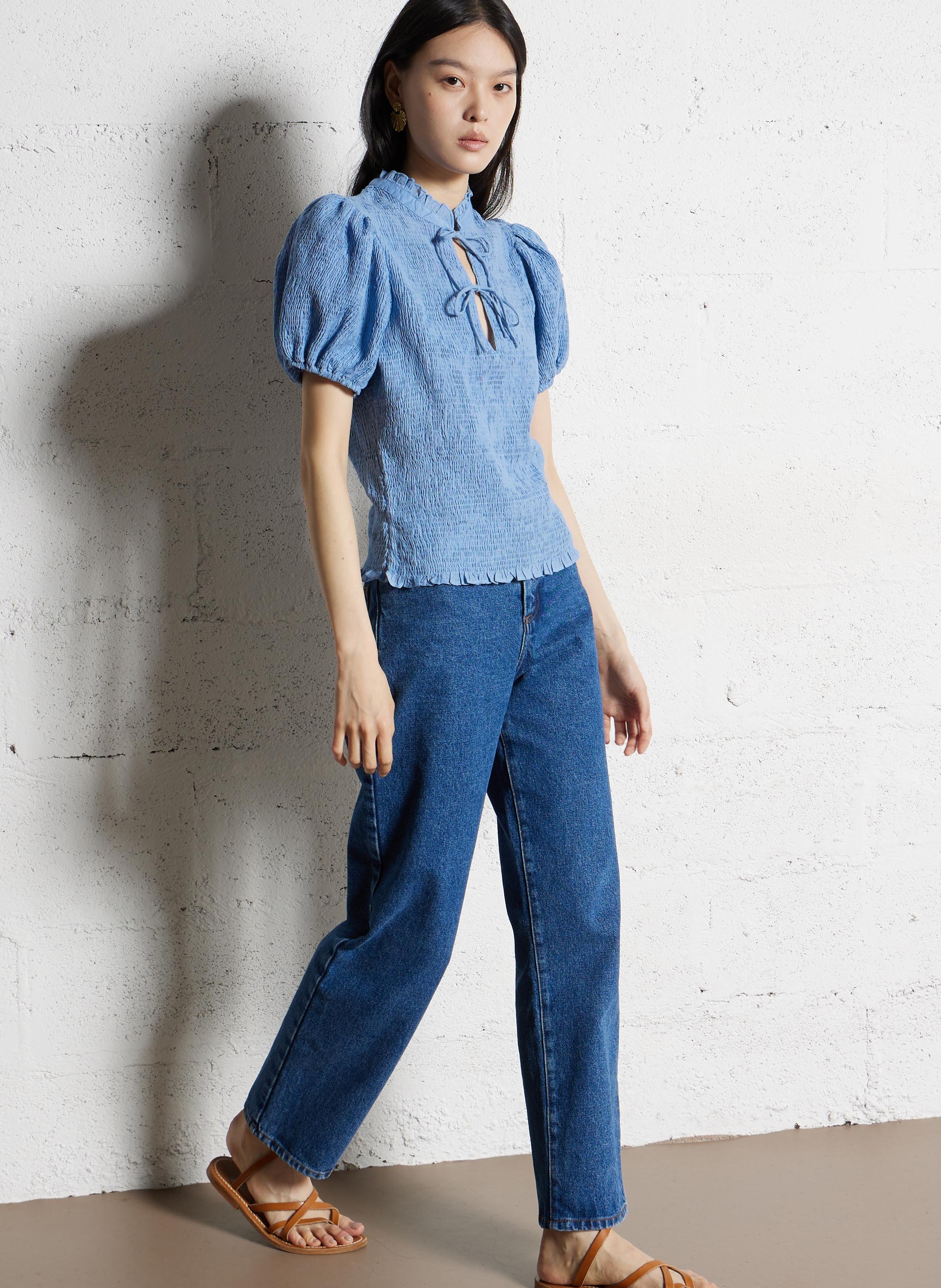 Angepasstes Top mit Tunesischem Kragen aus Baumwolle ANTIK BATIK Blau