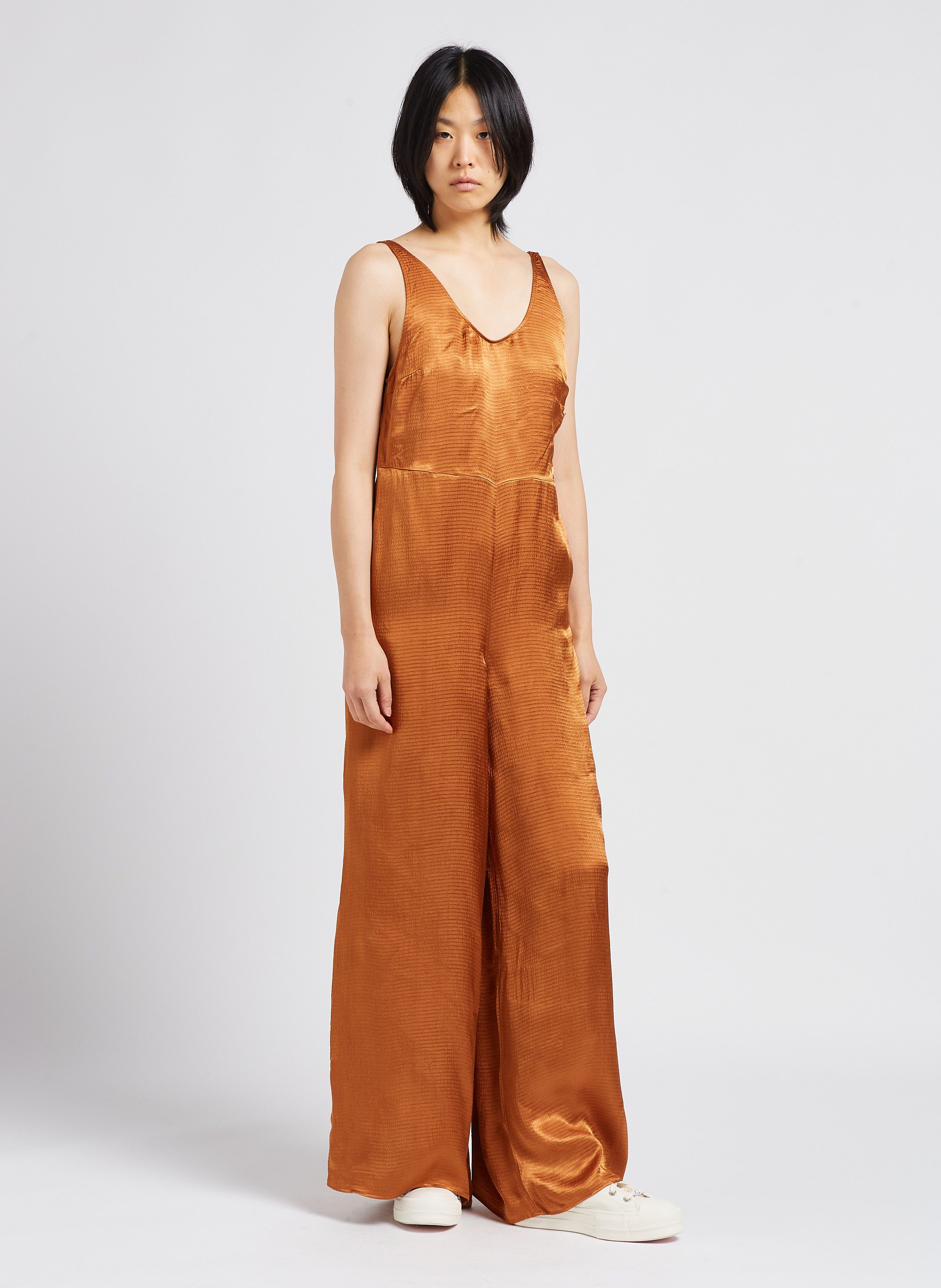 Orange Satiny V-neck jumpsuit