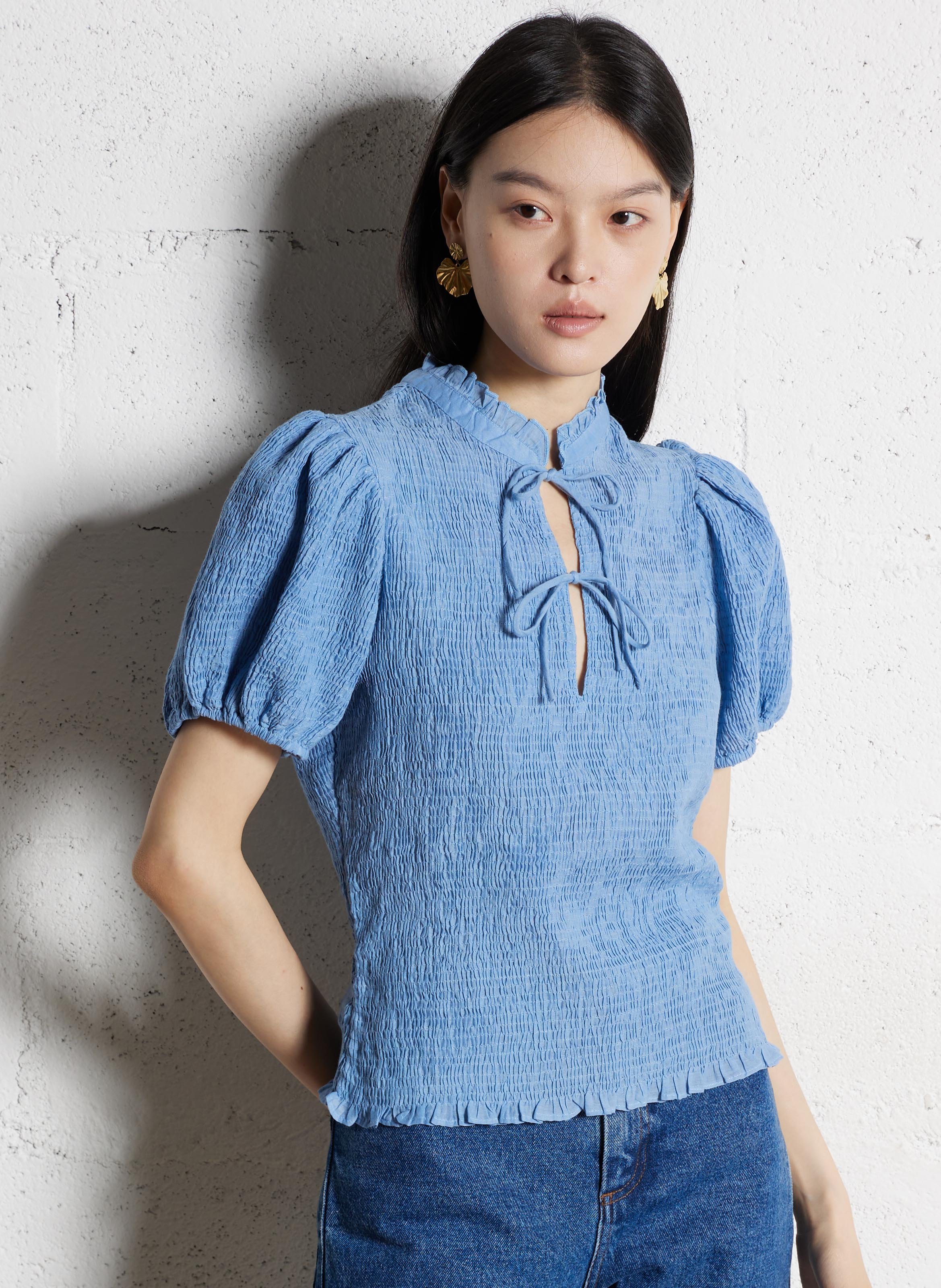 Angepasstes Top mit Tunesischem Kragen aus Baumwolle ANTIK BATIK Blau