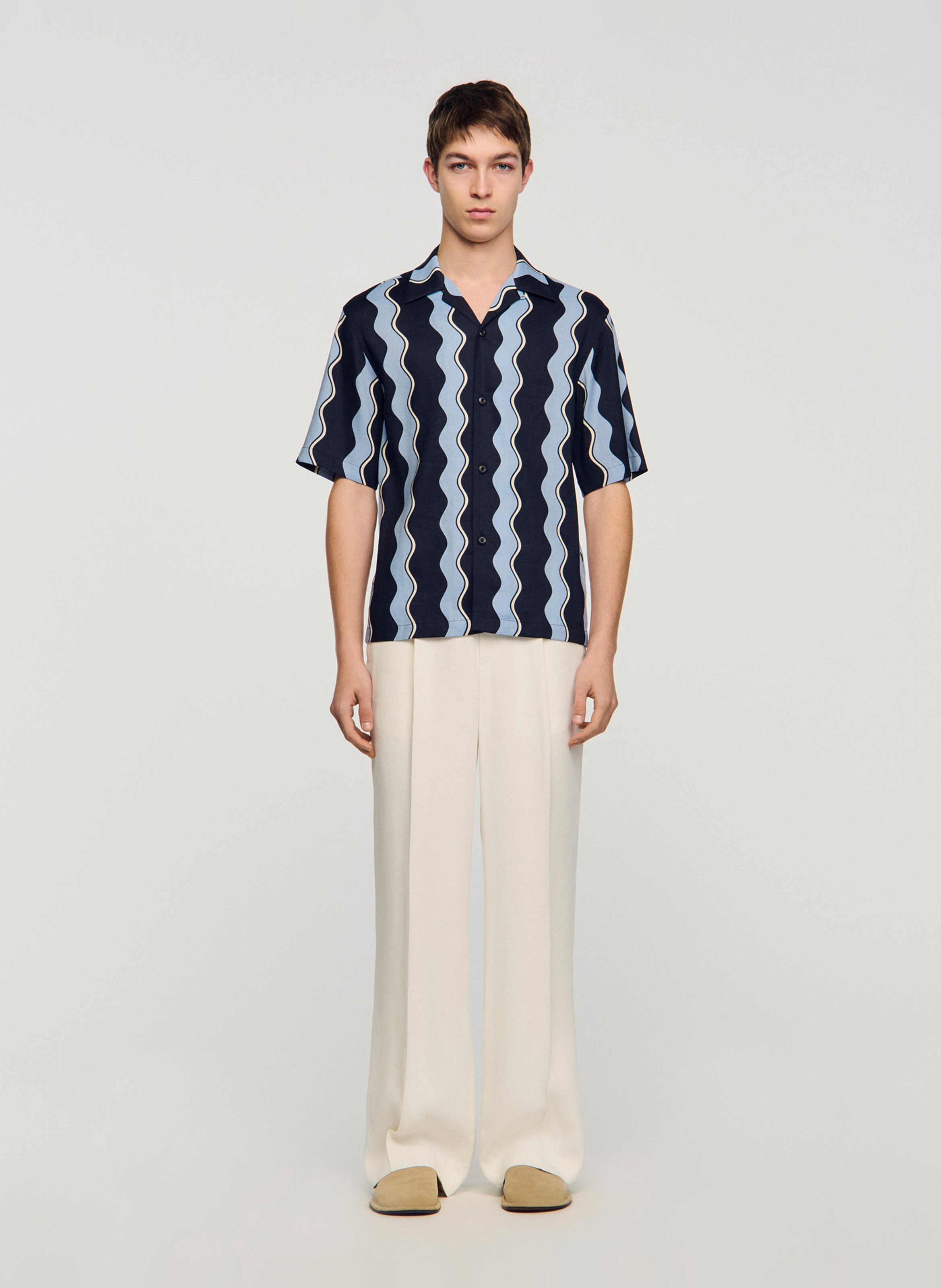 Straight classic collar shirt in printed blended linen. SANDRO Blue