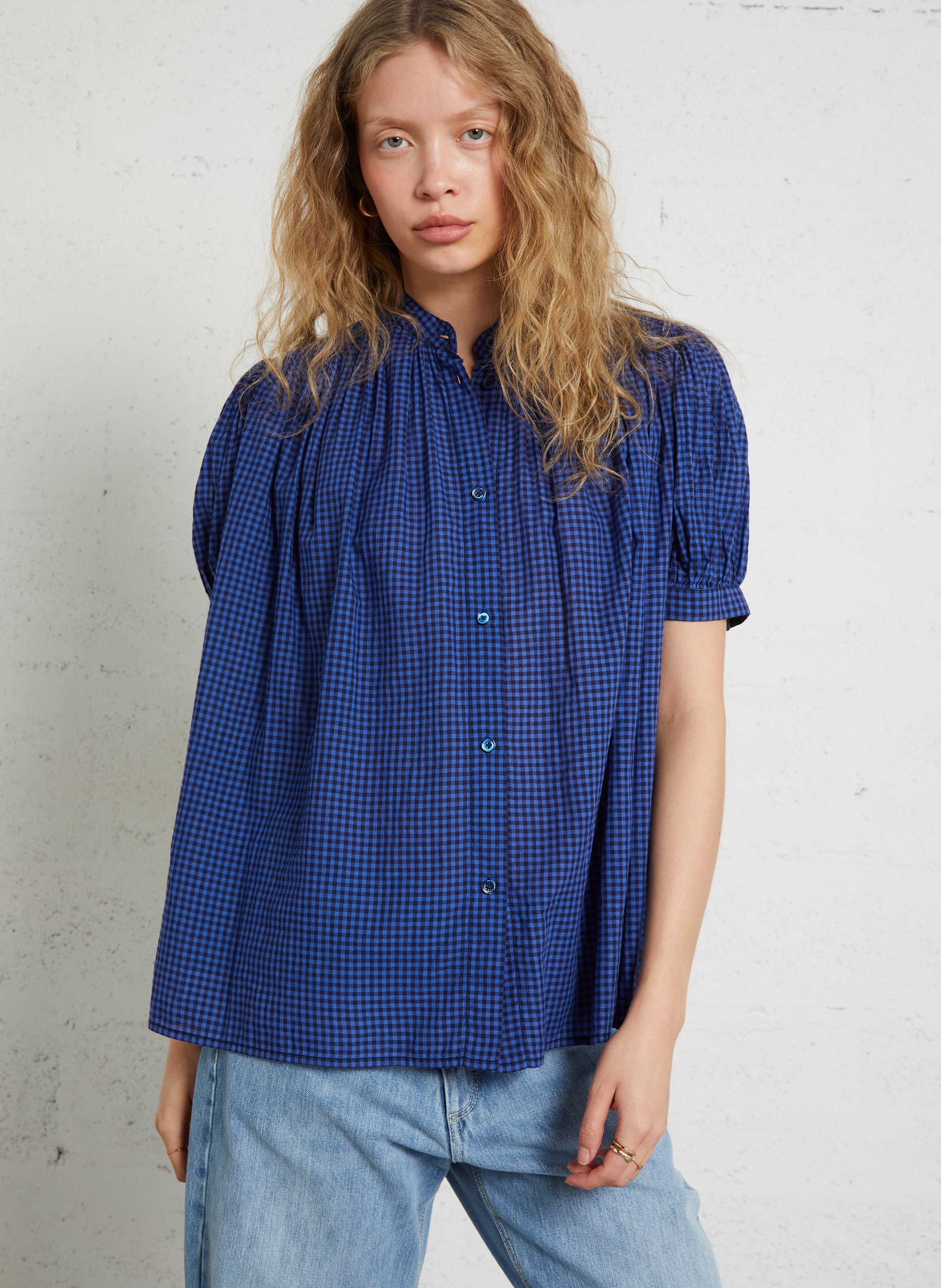 Straight-cut printed cotton shirt with round neck LAURENCE BRAS Blue