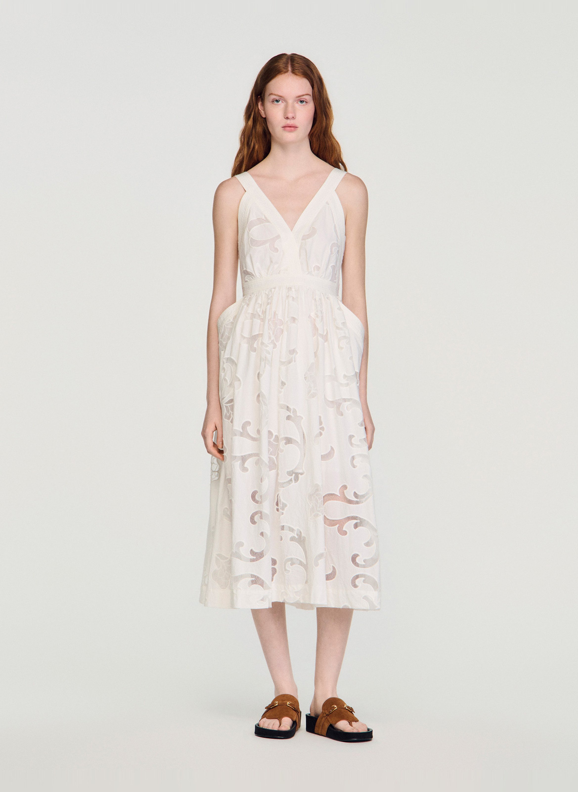 Halflange jurk met V-hals - katoenblend SANDRO Beige