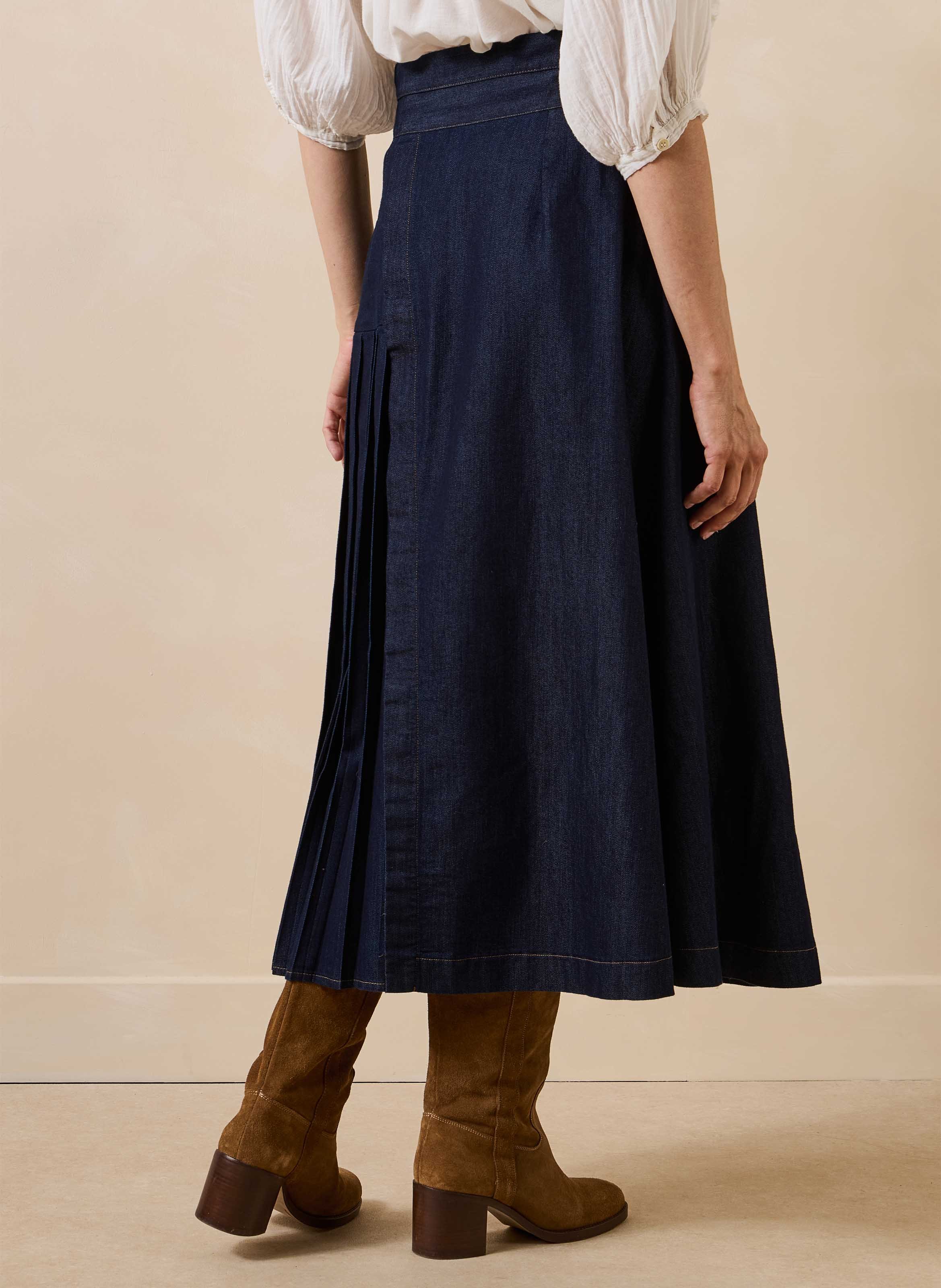 Jupe portefeuille midi en denim de coton mélangé | Bleu LA FEE MARABOUTEE Femme