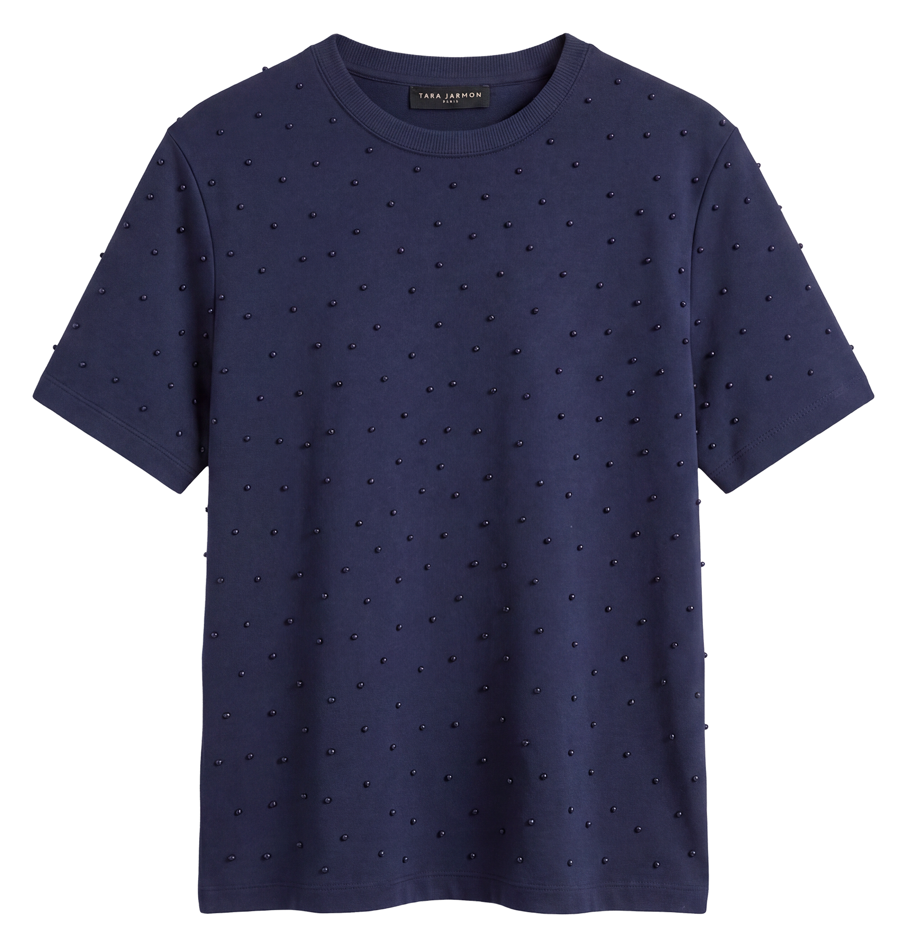 T-shirt met ronde hals en parelgeborduurde details TARA JARMON Blauw