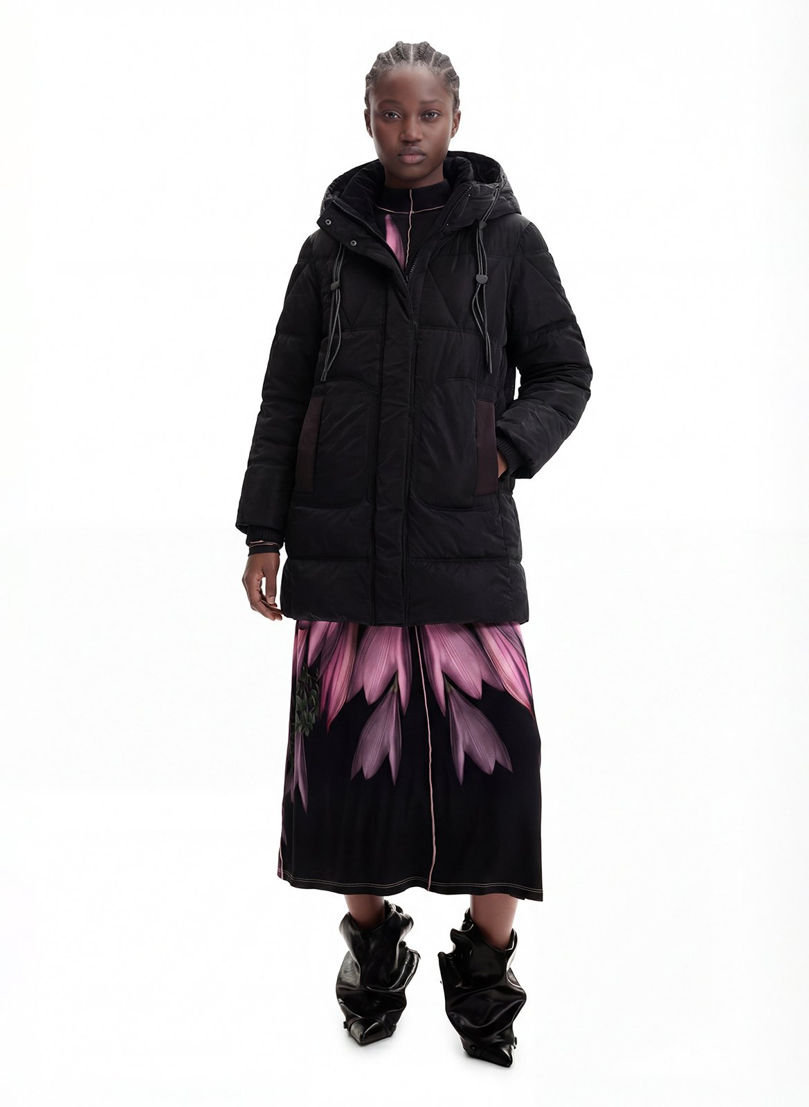 High-neck coat with hood DESIGUAL Black