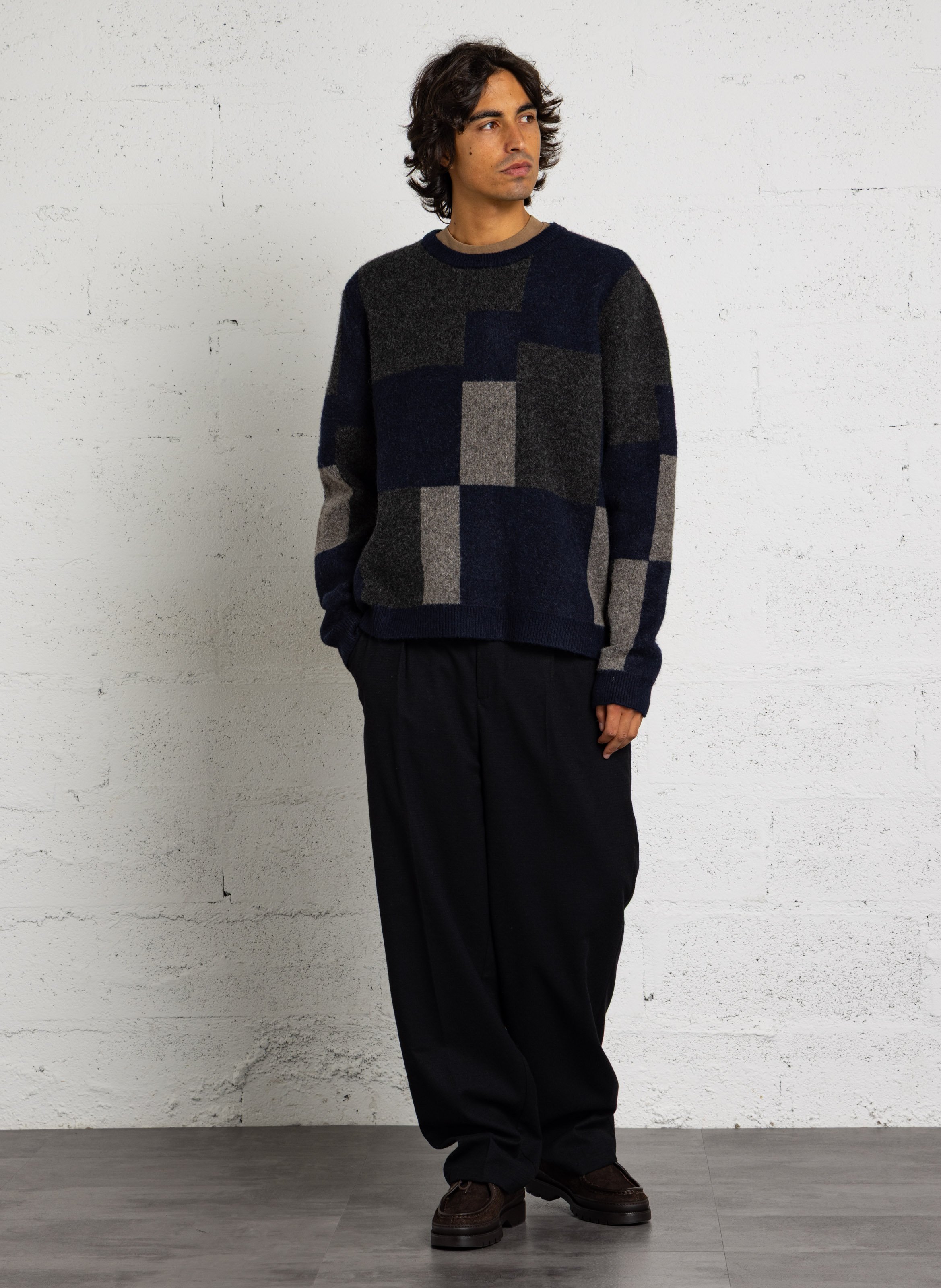 Straight-fit crew-neck checked jumper in a wool blend CASUAL FRIDAY Blue