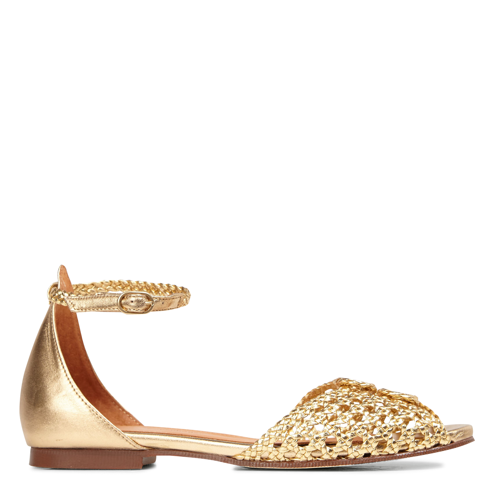 Platte, glanzende, leren sandalen met gevlochten riempjes ANONYMOUS COPENHAGEN Goudkleurig