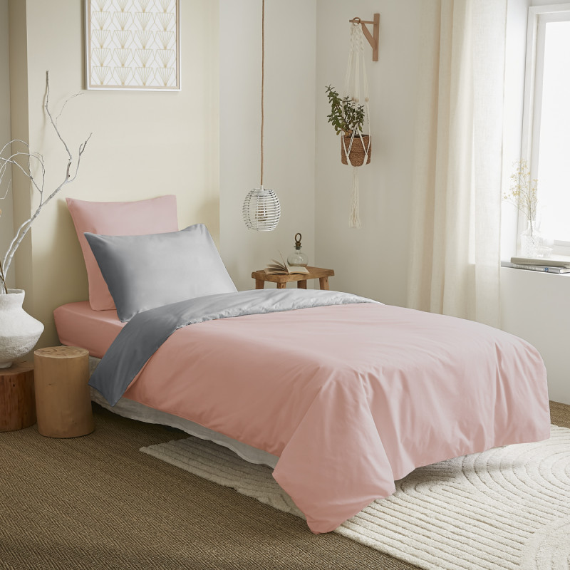 Complete 4-piece pink/gray reversible duvet cover set for a 90 x 190 cm bed COTON PUR Pink