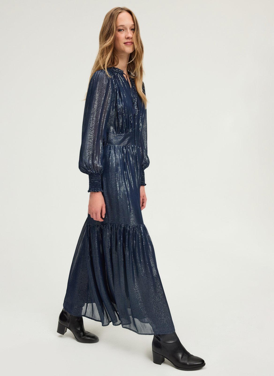 Long pleated dress with round neck PABLO Blue