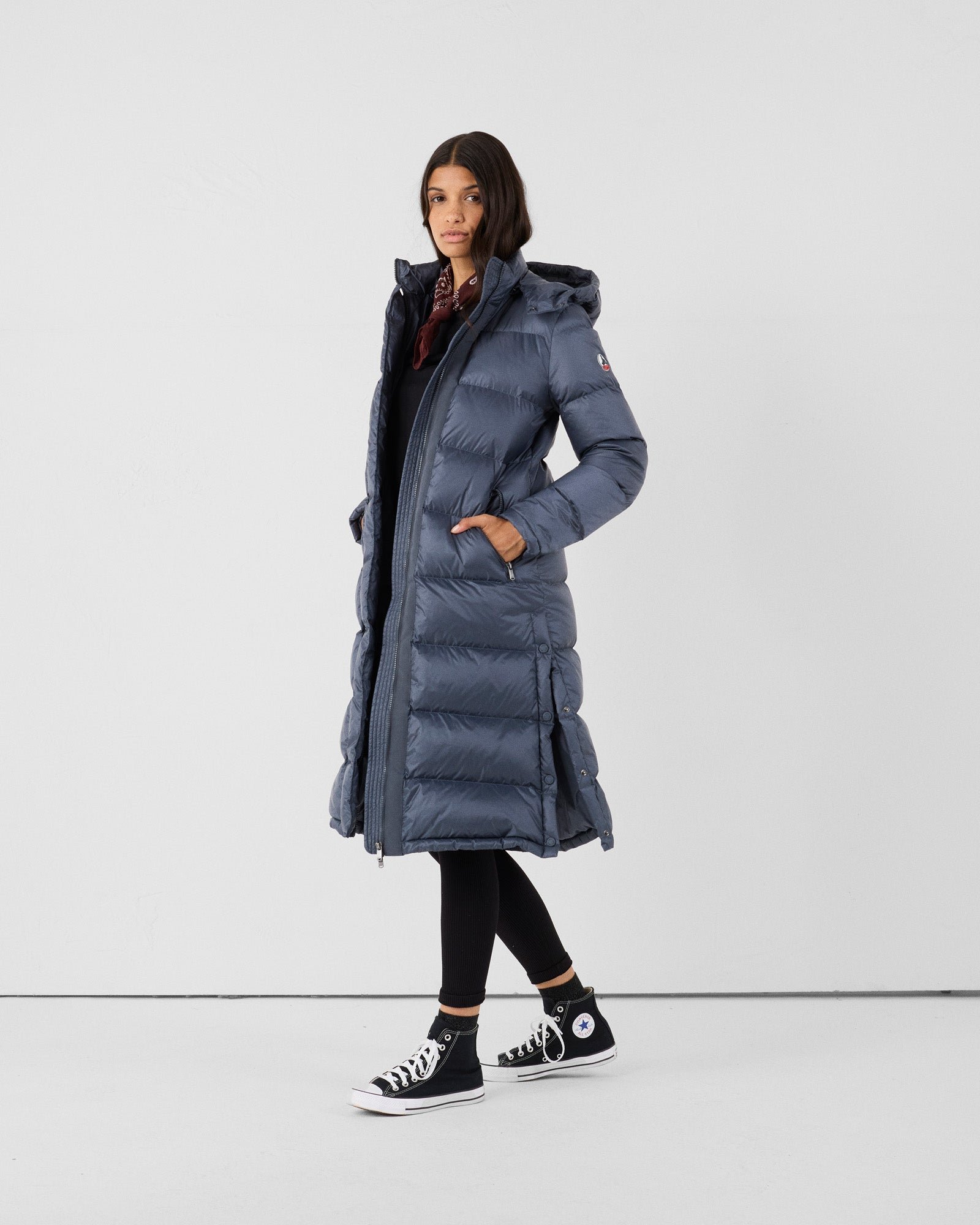 Long hooded puffer coat for extreme cold Karachi JOTT Blue