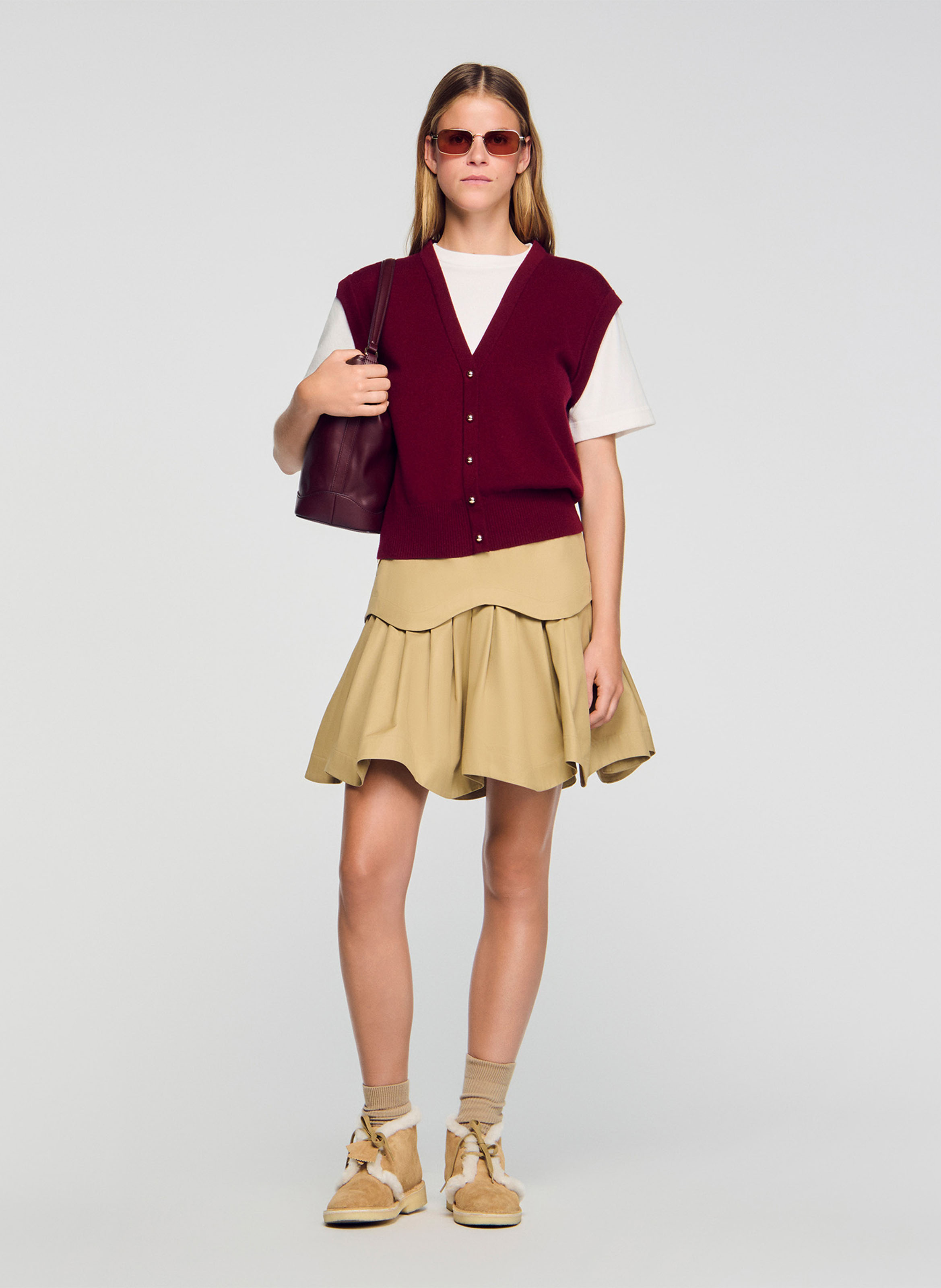 Pull bicolore court en laine mélangée SANDRO Rouge