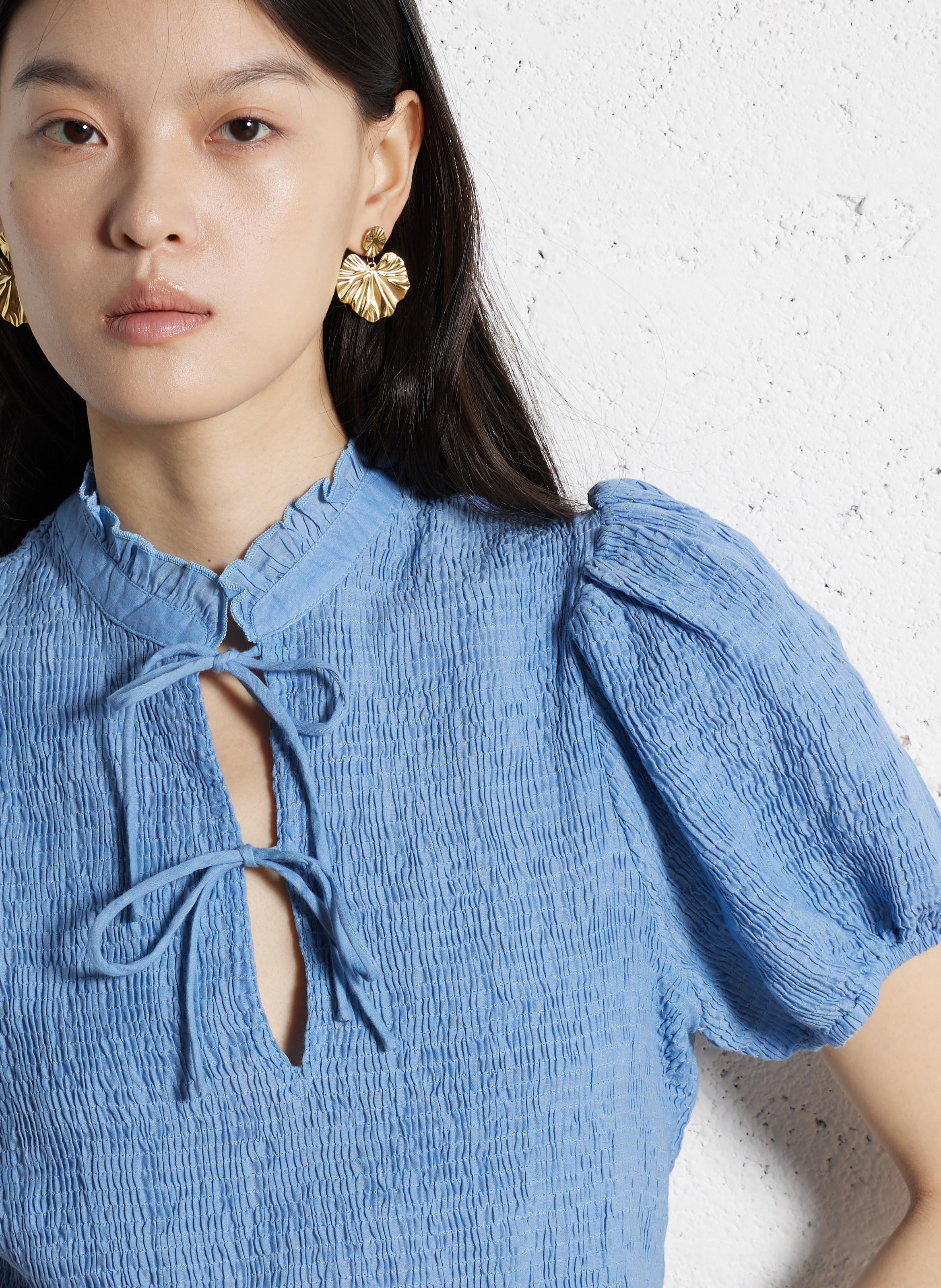 Angepasstes Top mit Tunesischem Kragen aus Baumwolle ANTIK BATIK Blau