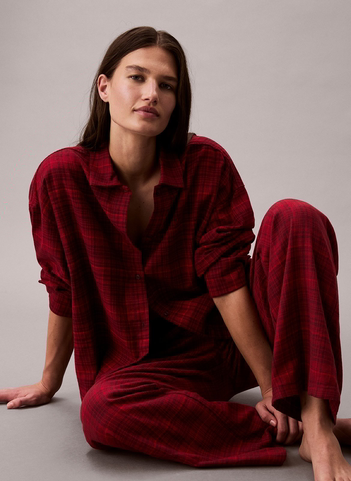 Chemise de nuit droite col classique en coton imprimé CALVIN KLEIN UNDERWEAR Rouge