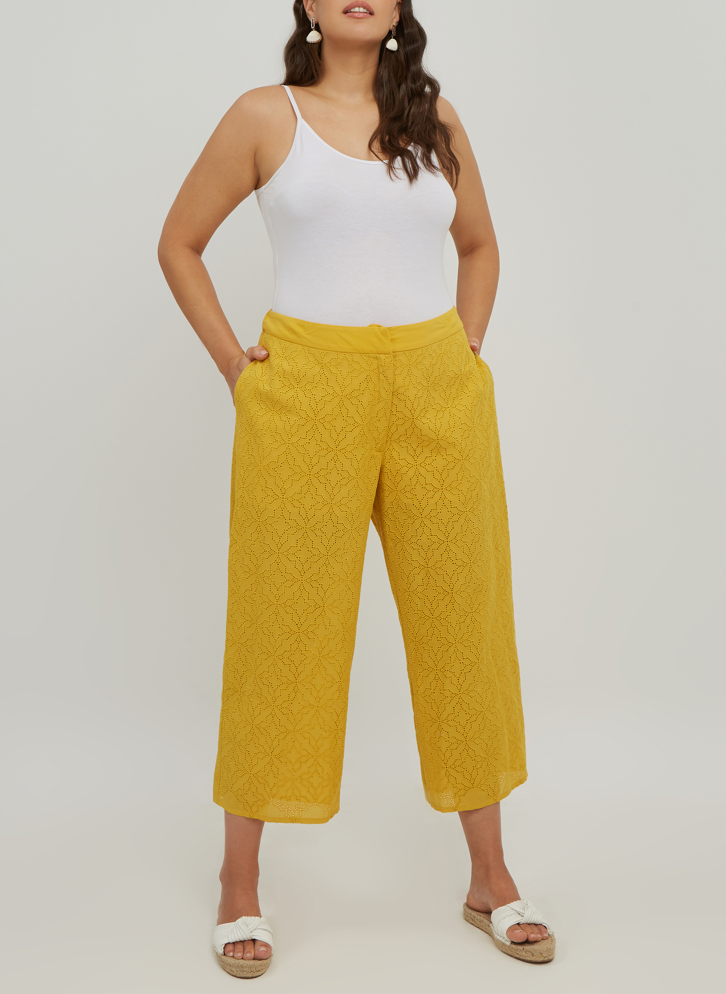 Cotton broderie anglaise straight-leg pants MAT FASHION Yellow