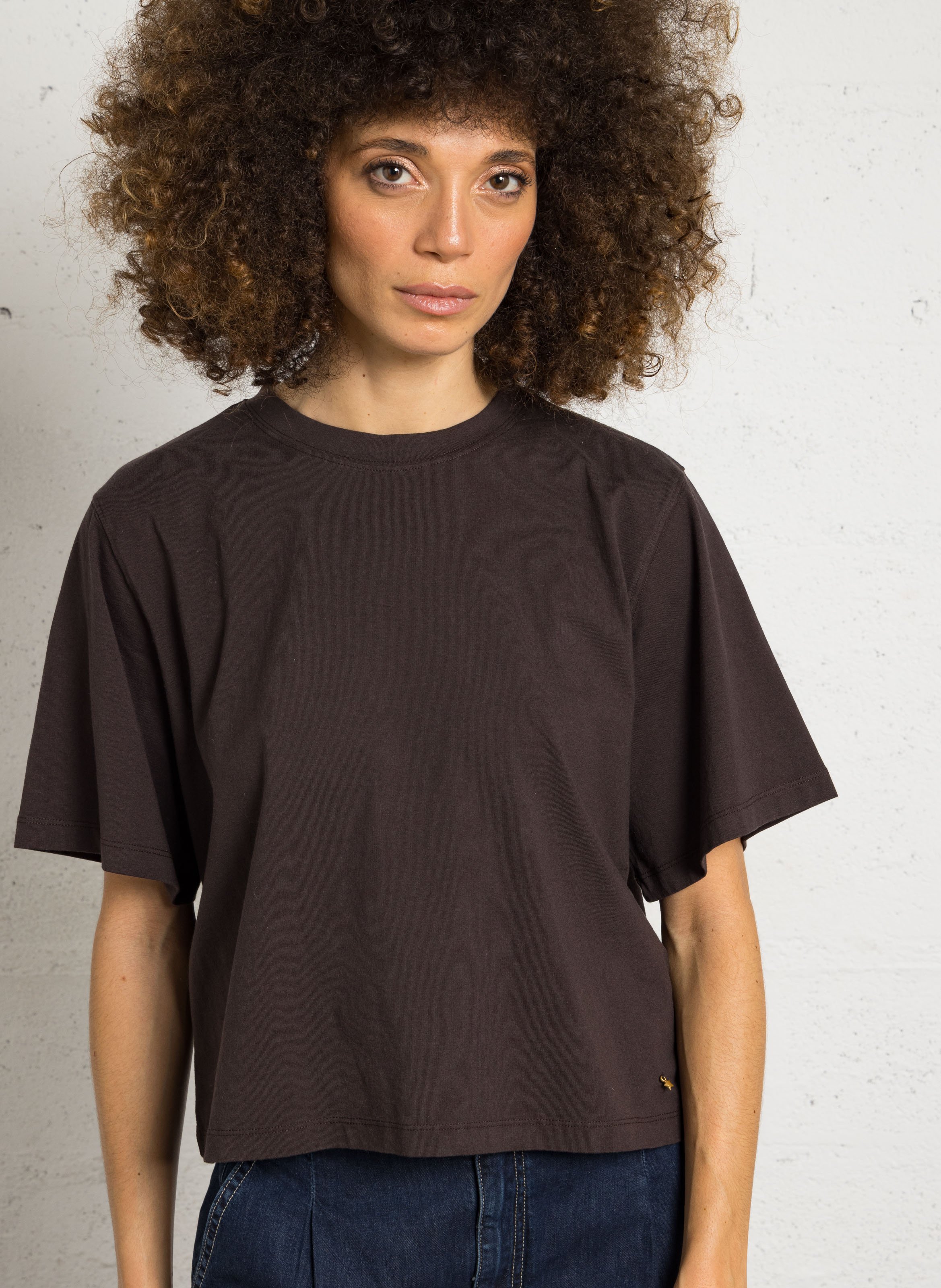 Tee-shirt boxy cropped col rond en coton DES PETITS HAUTS Marron