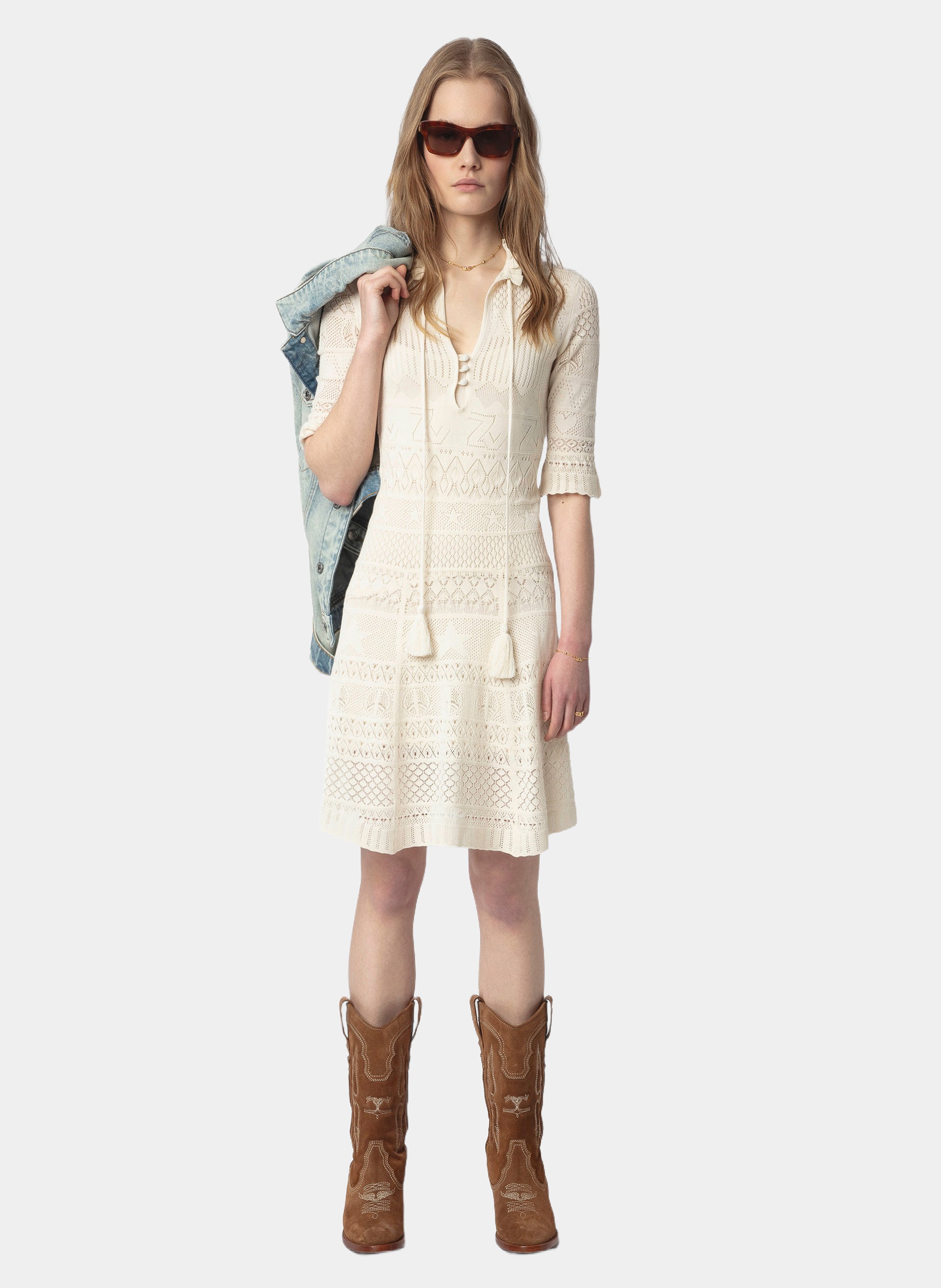 Robe courte décolleté v en coton ZADIG&VOLTAIRE Blanc