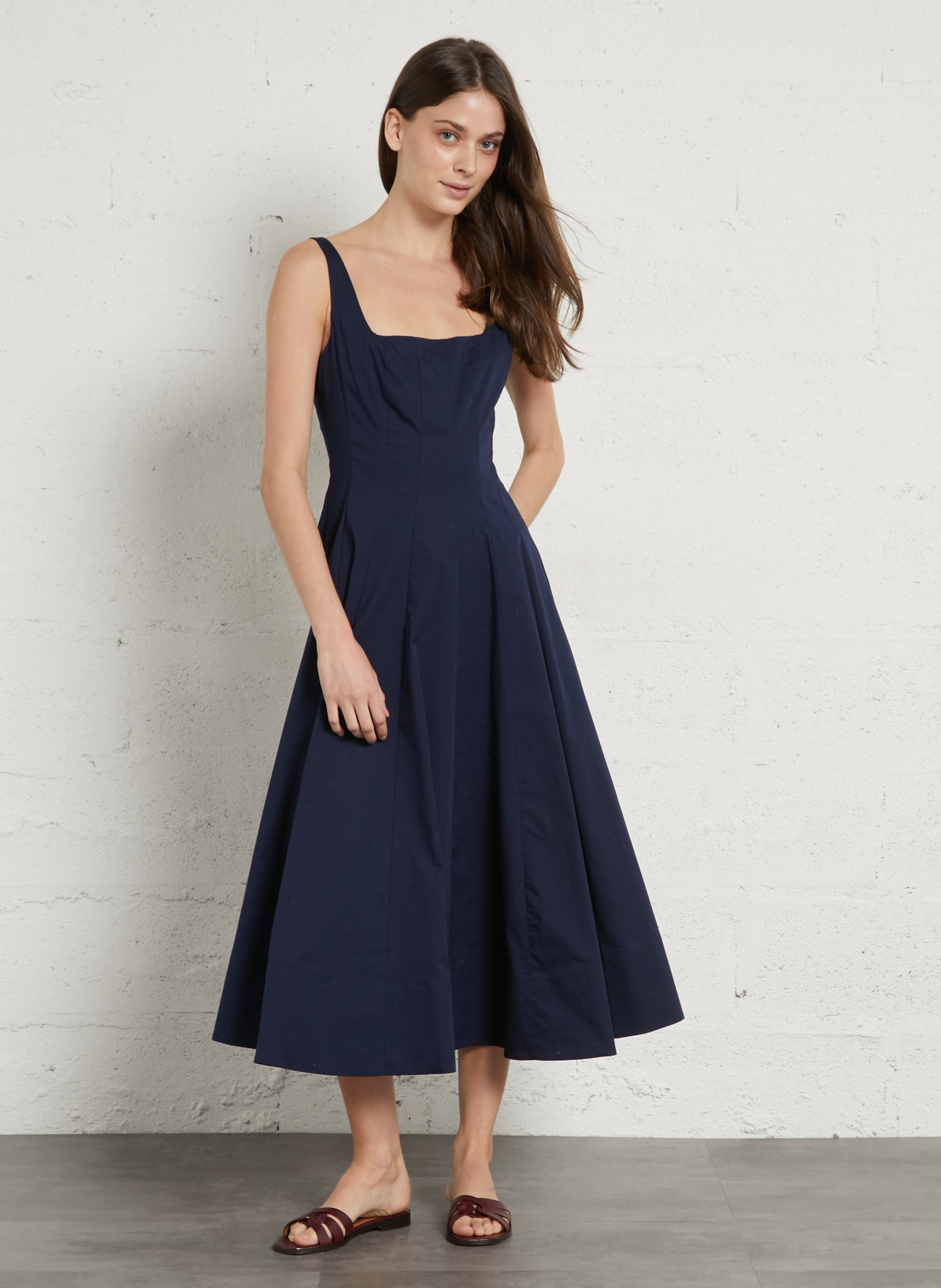 Flared midi dress with square neckline in stretch cotton STAUD Blue
