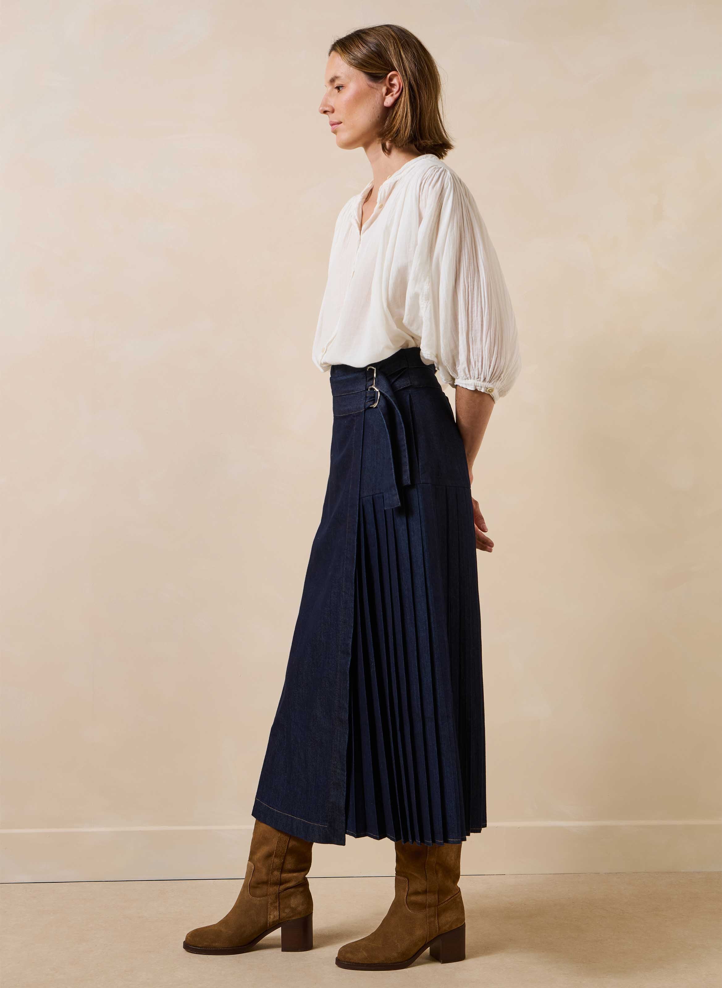 Jupe portefeuille midi en denim de coton mélangé | Bleu LA FEE MARABOUTEE Femme