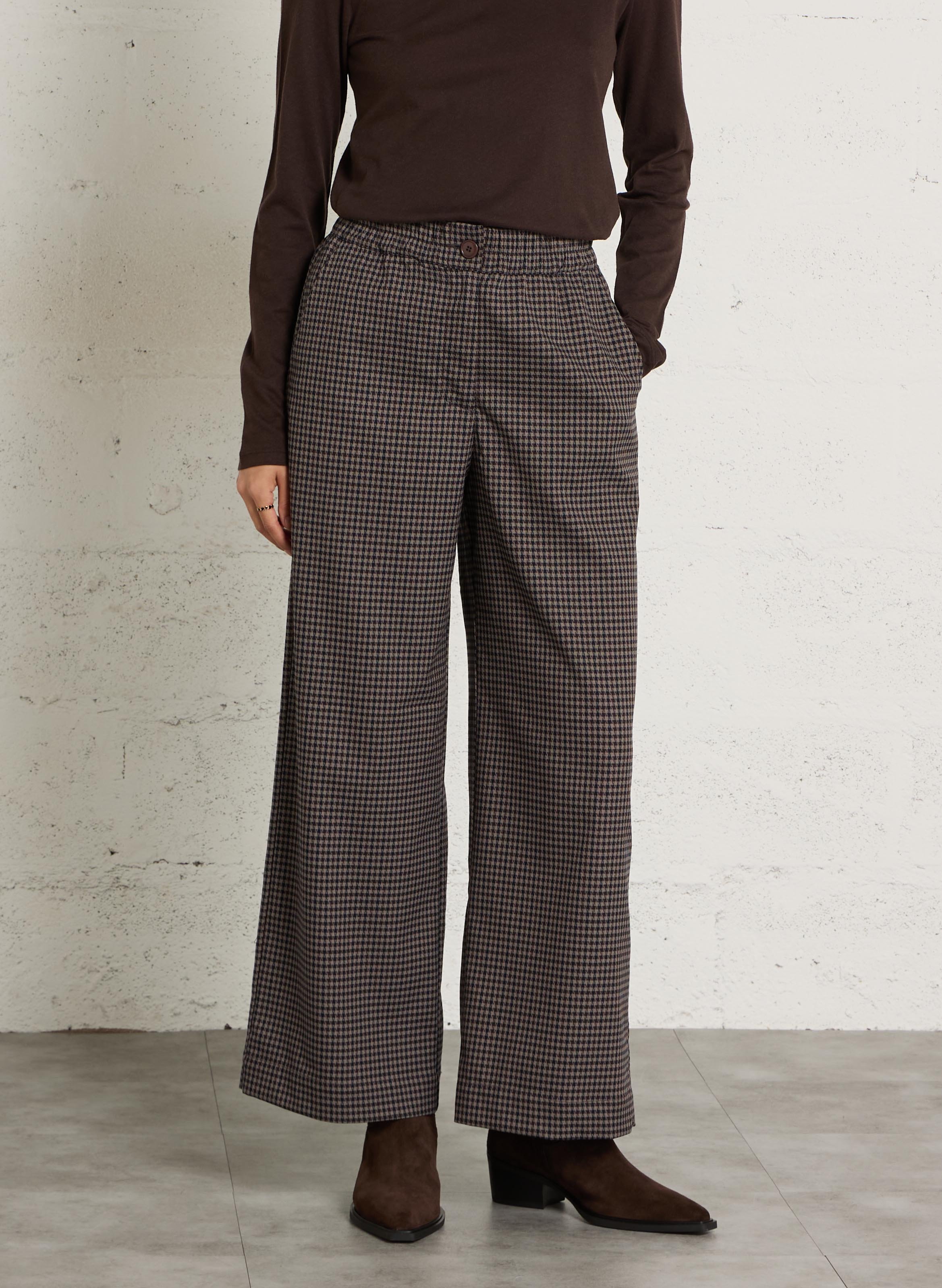 Straight pants with pattern and elastic waistband NICE THINGS Brown