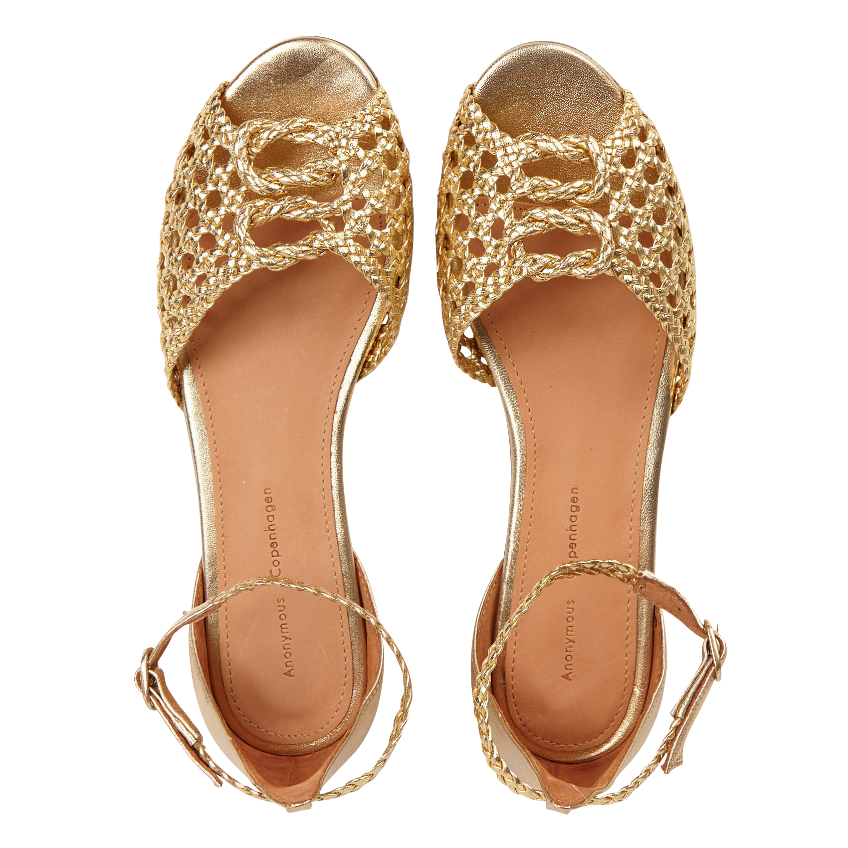 Platte, glanzende, leren sandalen met gevlochten riempjes ANONYMOUS COPENHAGEN Goudkleurig