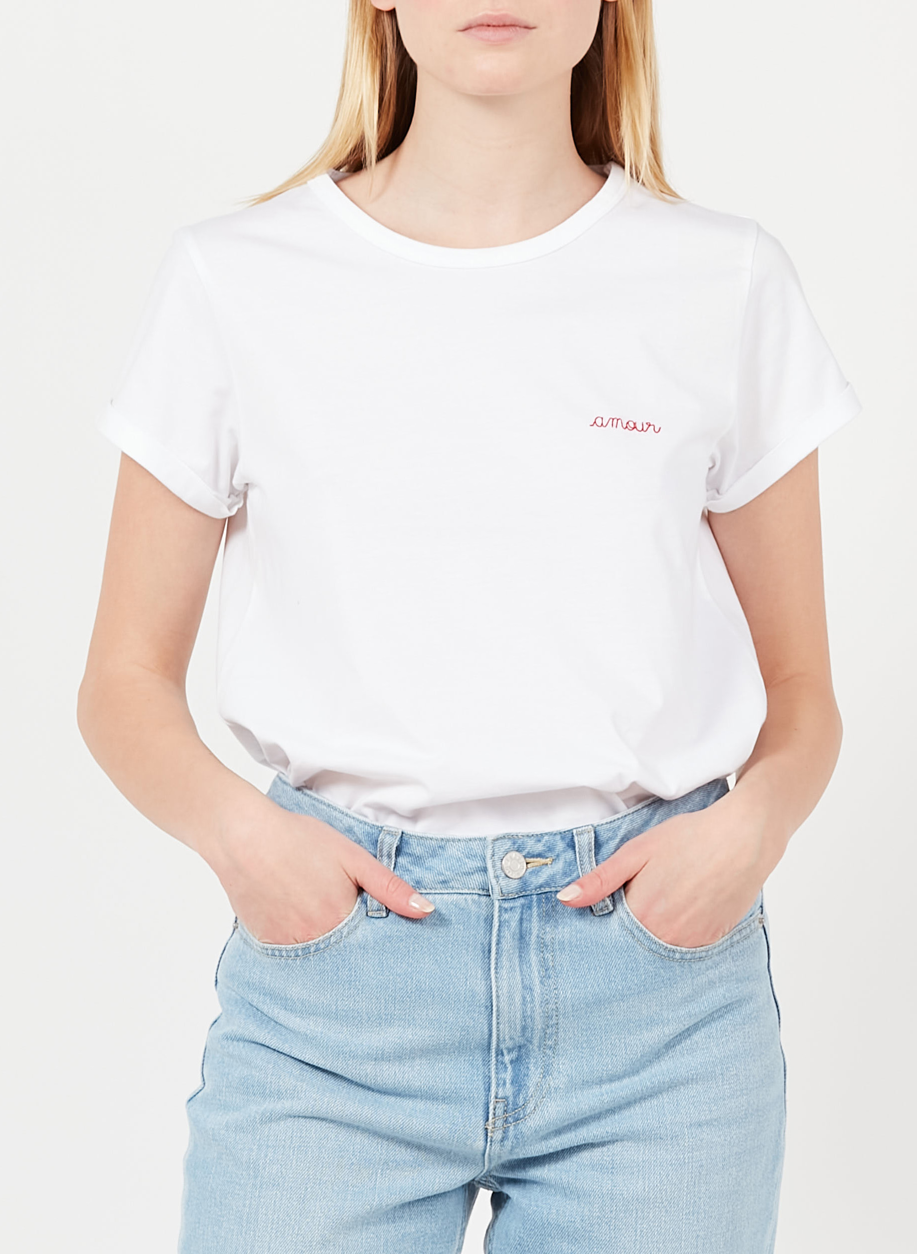 Tee-shirt col rond en coton bio brodé amour BlancMAISON LABICHE