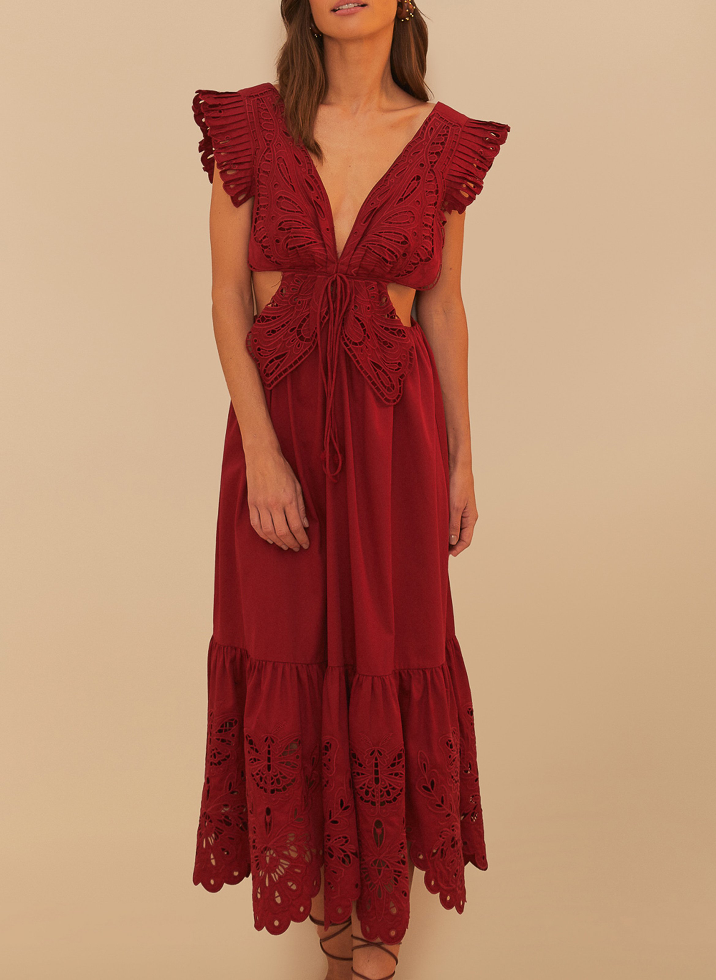 Fitted long dress with embroidery FARM RIO Red