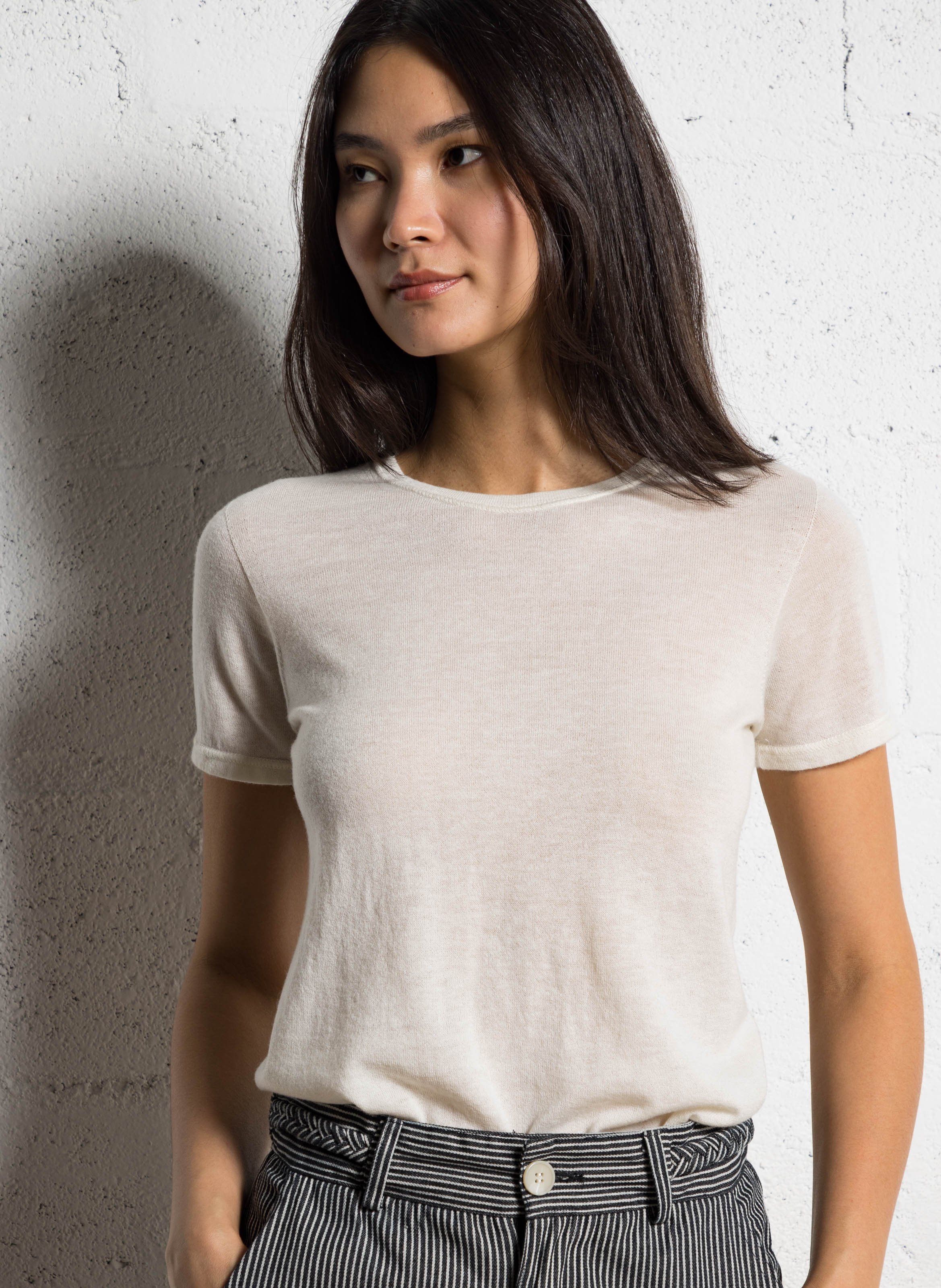 Pull manches courtes en cachemire MAJESTIC FILATURES Beige