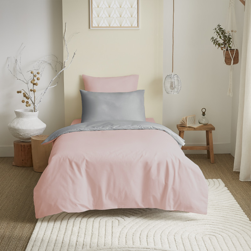 Complete 4-piece pink/gray reversible duvet cover set for a 90 x 190 cm bed COTON PUR Pink