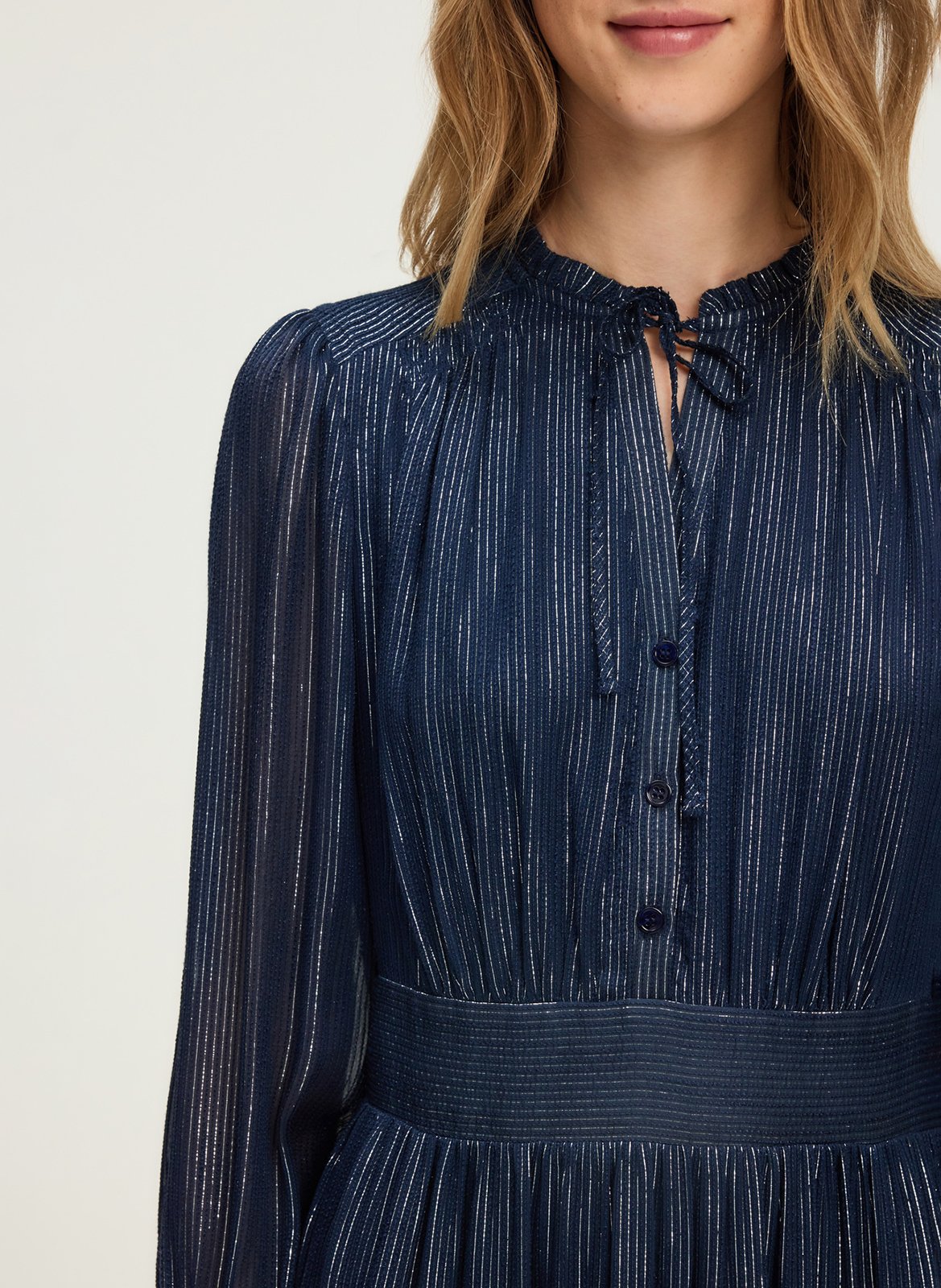 Long pleated dress with round neck PABLO Blue